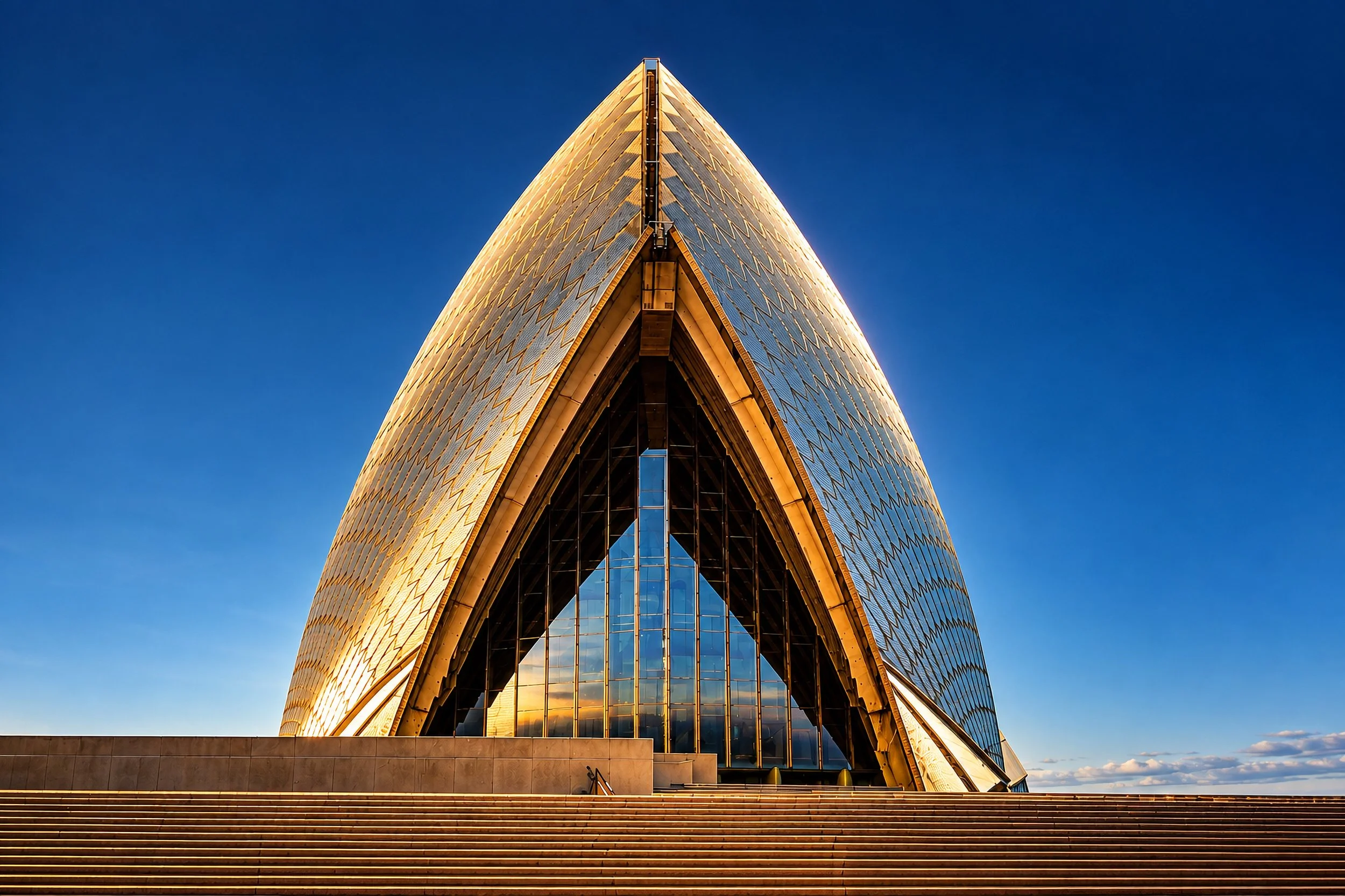 A dramatic symmetrical composition of the Sydney Opera House, capturing its iconic sails, intricate geometry and striking interplay of light, shadow and architectural form.