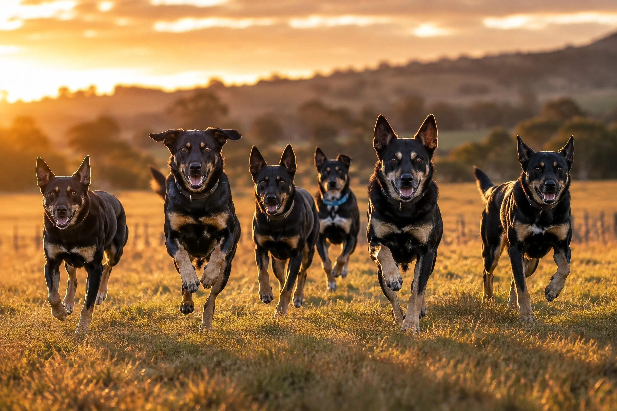 A group of Australian working dogs running together across open farmland at golden hour. Backlit by the setting sun, the dogs are captured in full stride with the surrounding hills and rural landscape softly illuminated behind them. A celebration of 