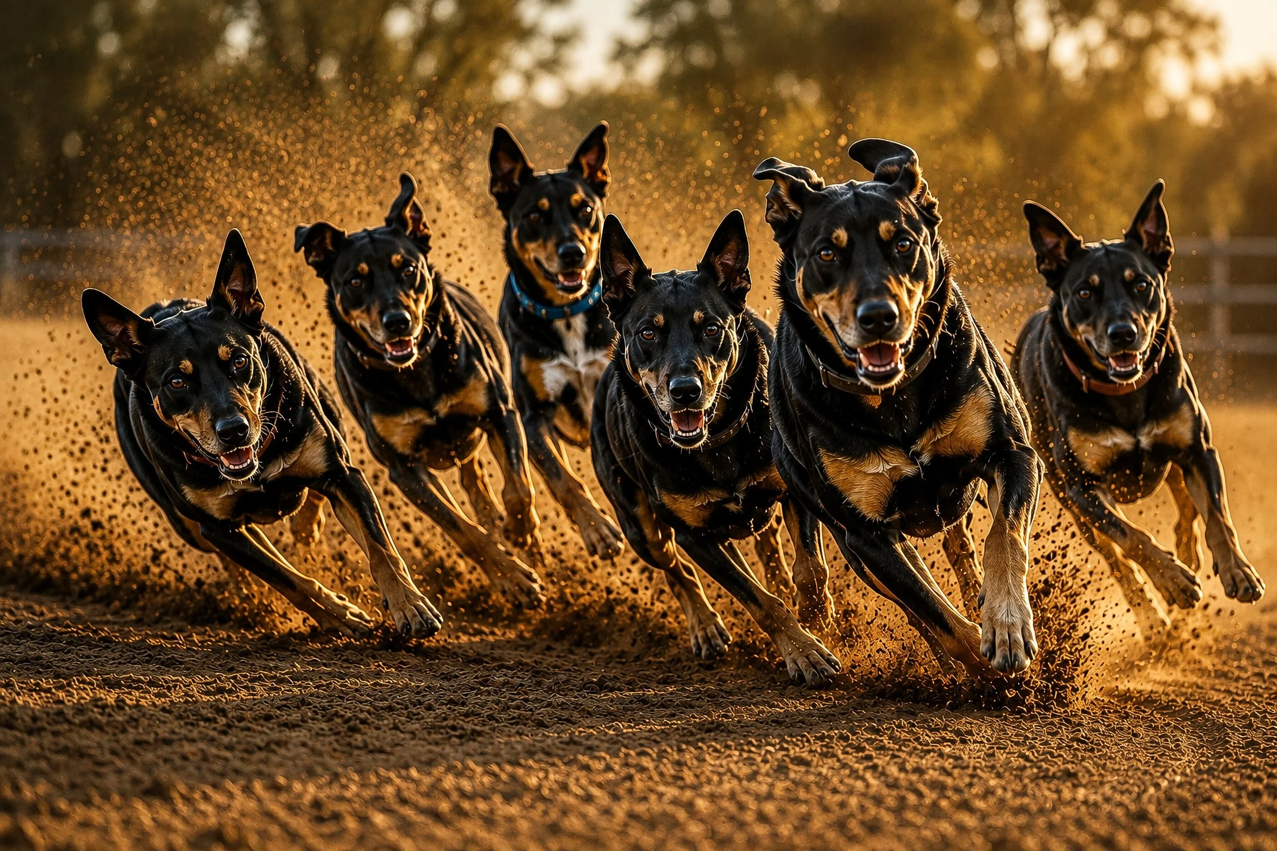 A team of Australian working dogs charging across the farm at full speed, kicking up dust as they race toward the camera. Golden evening light catches their coats and highlights the flying earth beneath their feet, creating a dynamic image filled wit