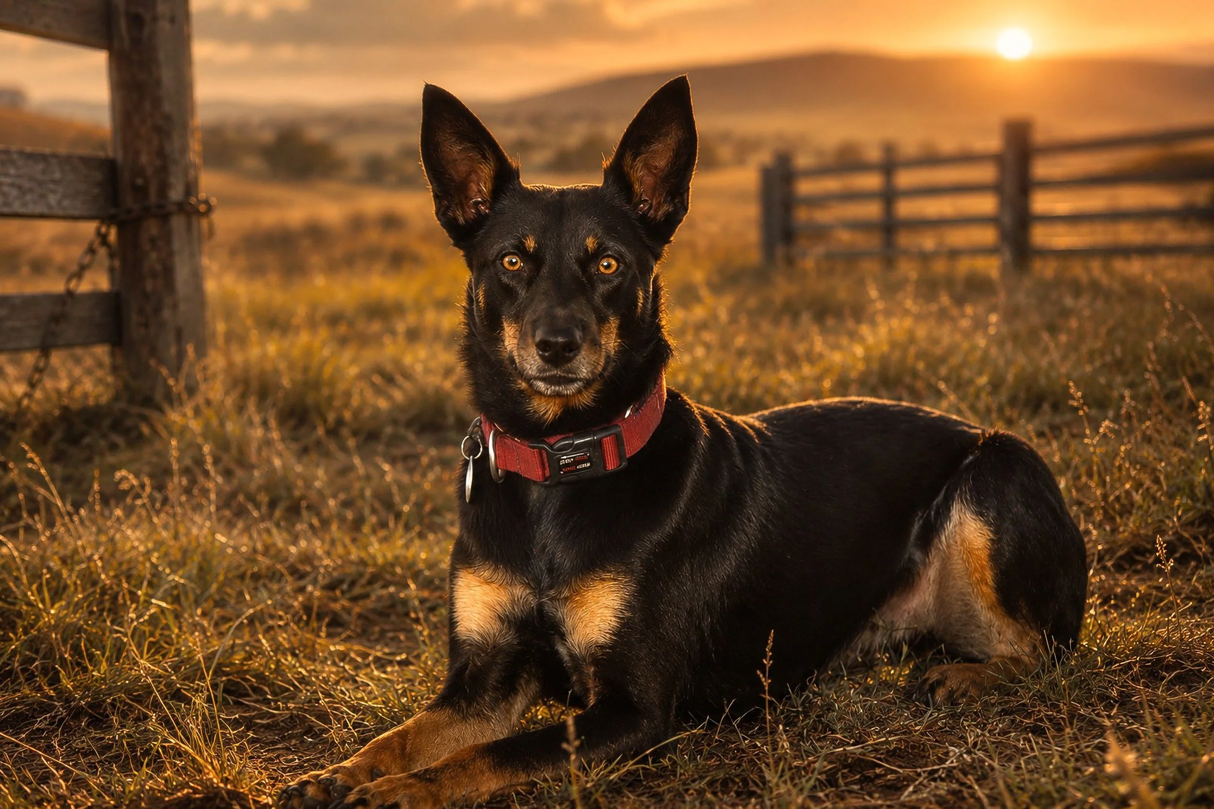 Young Australian Kelpie watching sheep.
