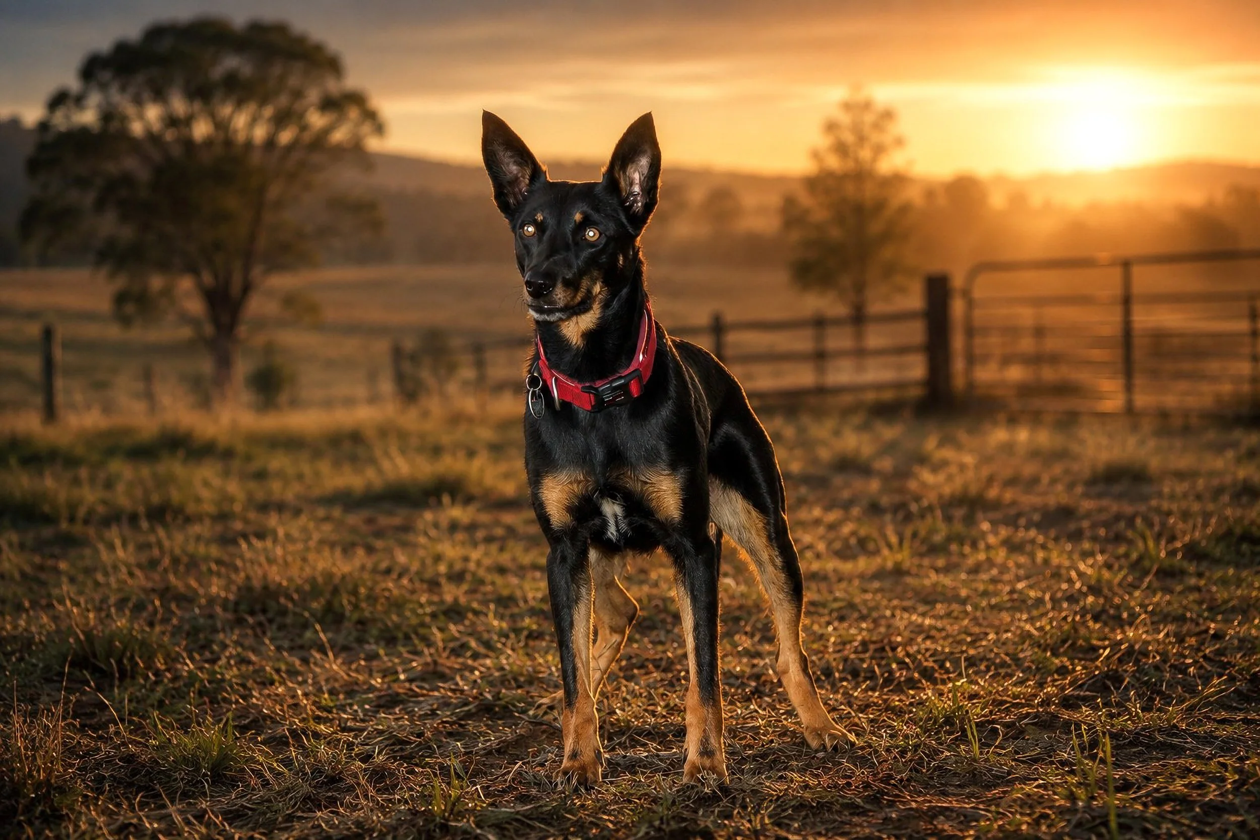 A skilled Working Kelpie calmly moves a mob of Merino wethers through the yards.
