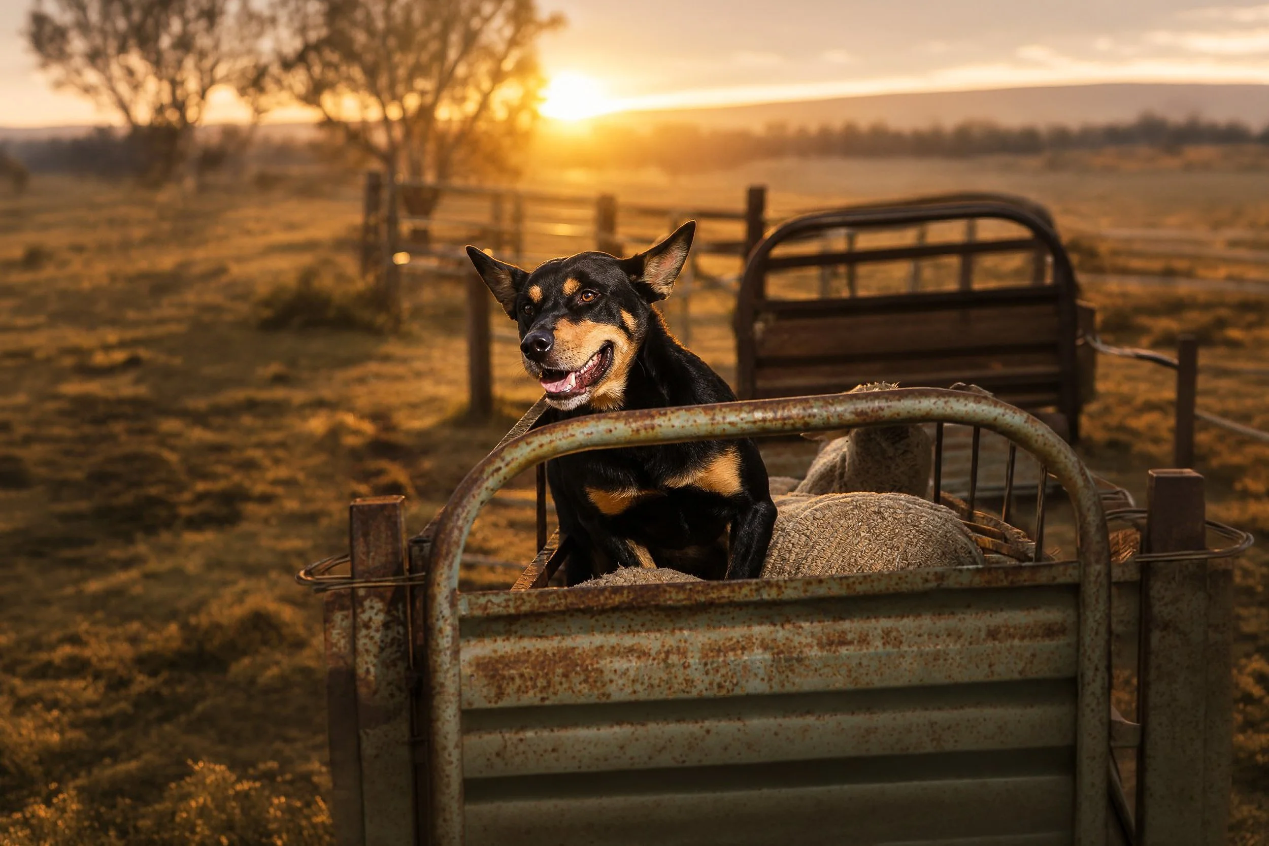 An old farm ute catches the first rays of sunrise across an Australian paddock.
