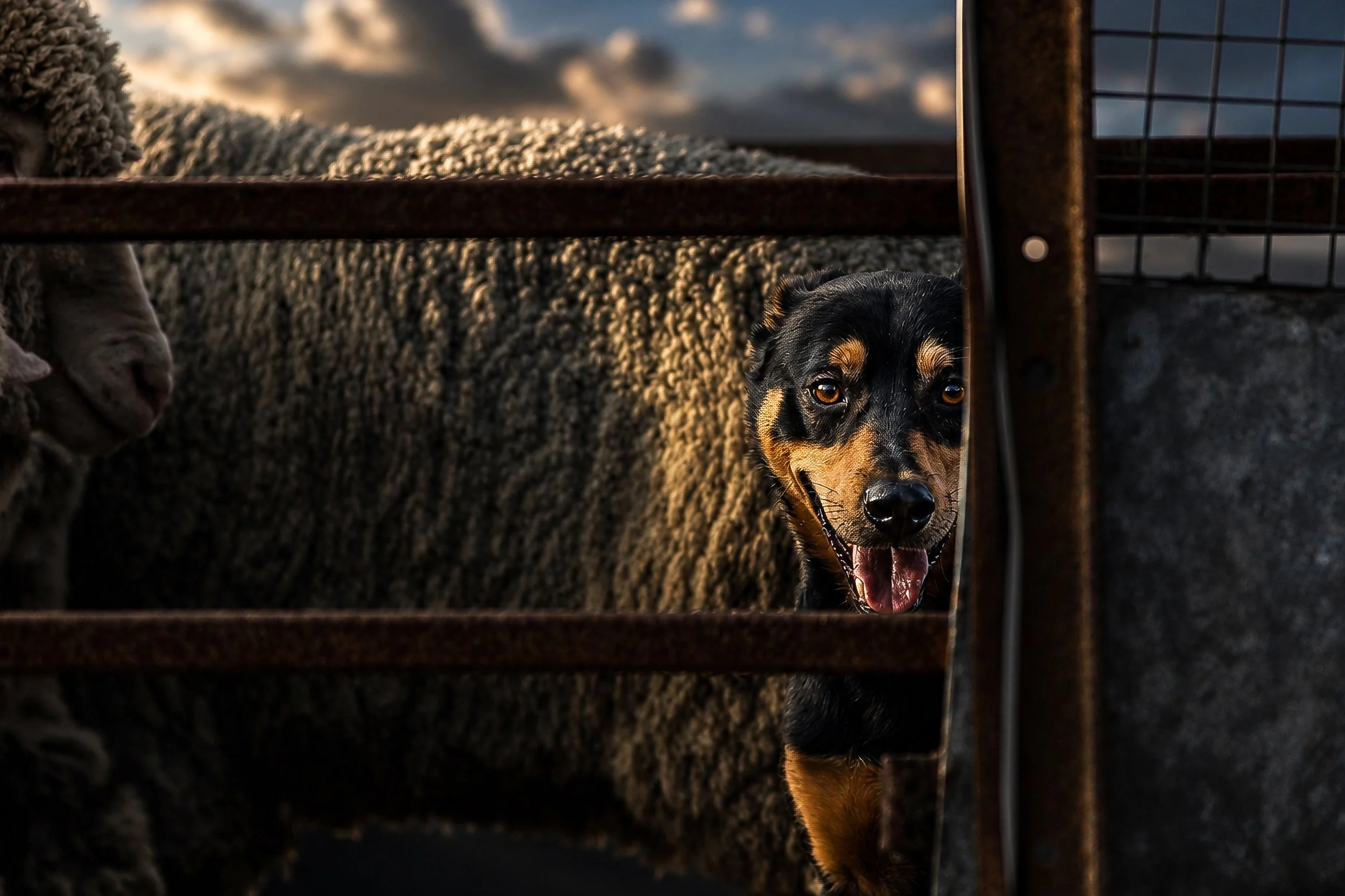A focused Working Kelpie peers through timber rails, watching sheep with intense concentration.
