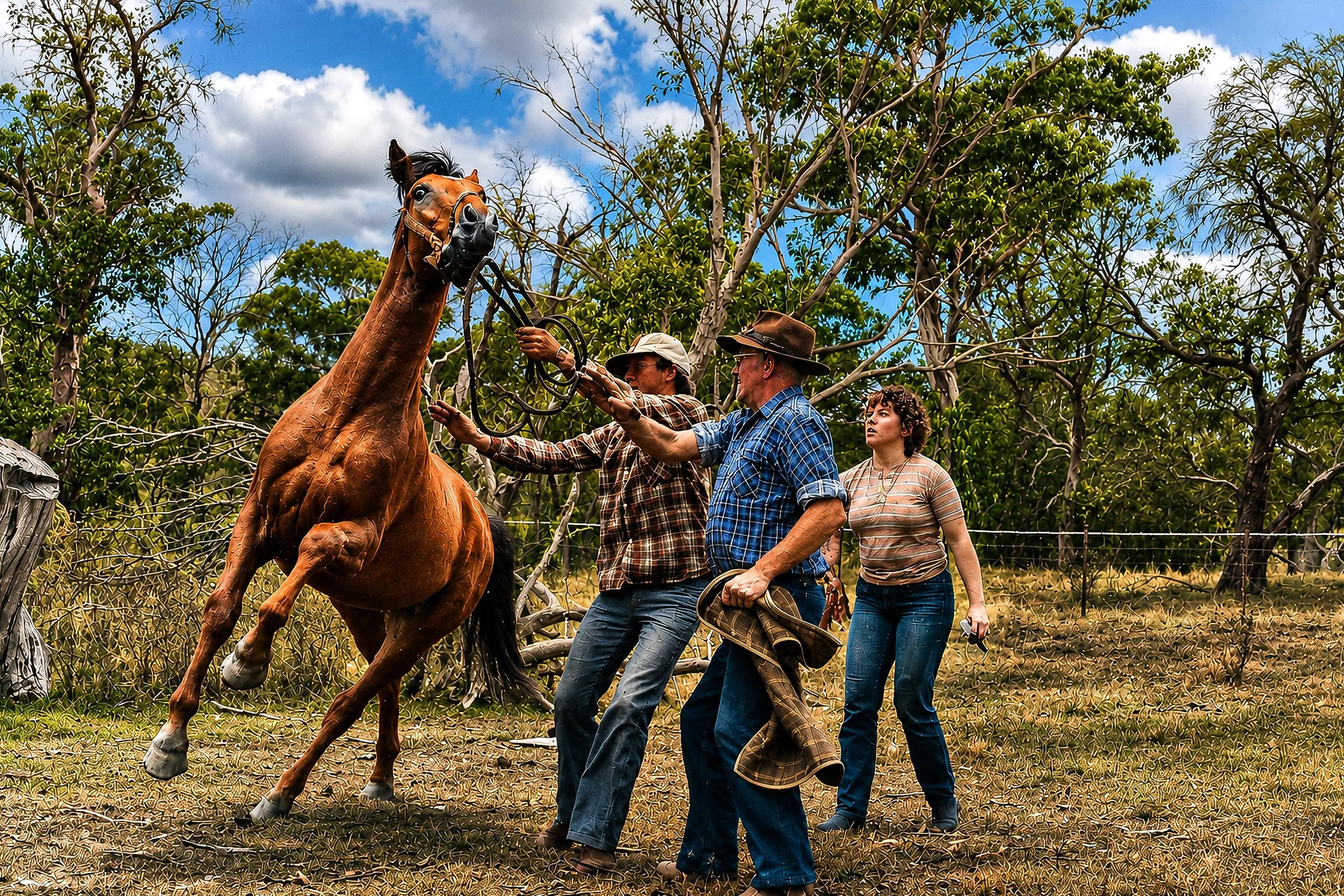 Australian stock handlers working with a horse in a rural paddock.
