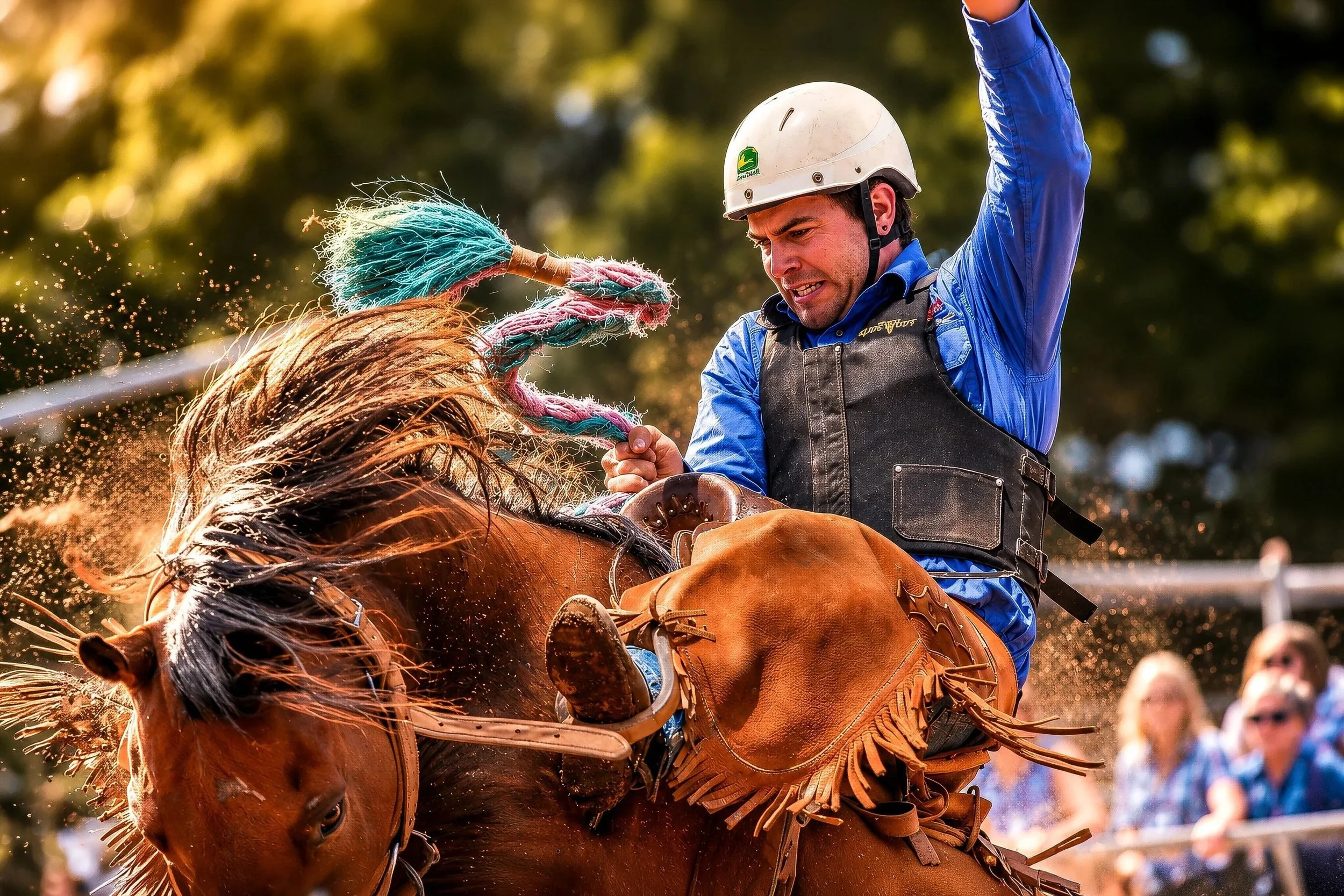 A cowboy riding a bucking horse during a rodeo event, holding a colorful rope in his left hand, wearing a white helmet and a blue shirt with black protective vest, with a focused expression, and surrounded by an outdoor setting with trees and spectat