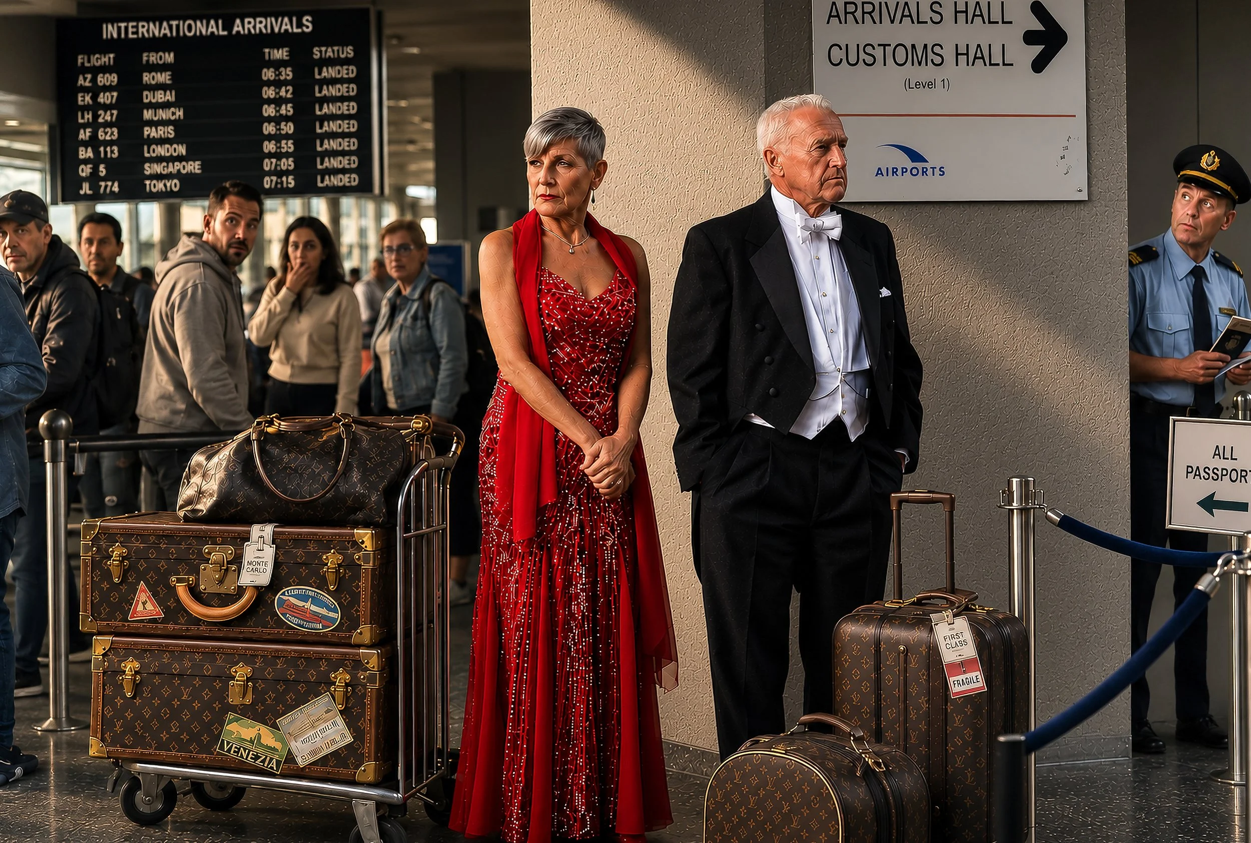 Elegant travellers wait in the international arrivals hall with vintage luggage, creating a cinematic moment of anticipation. Fine art people photography capturing emotion, style and storytelling by Australian photographer David Lindsay.