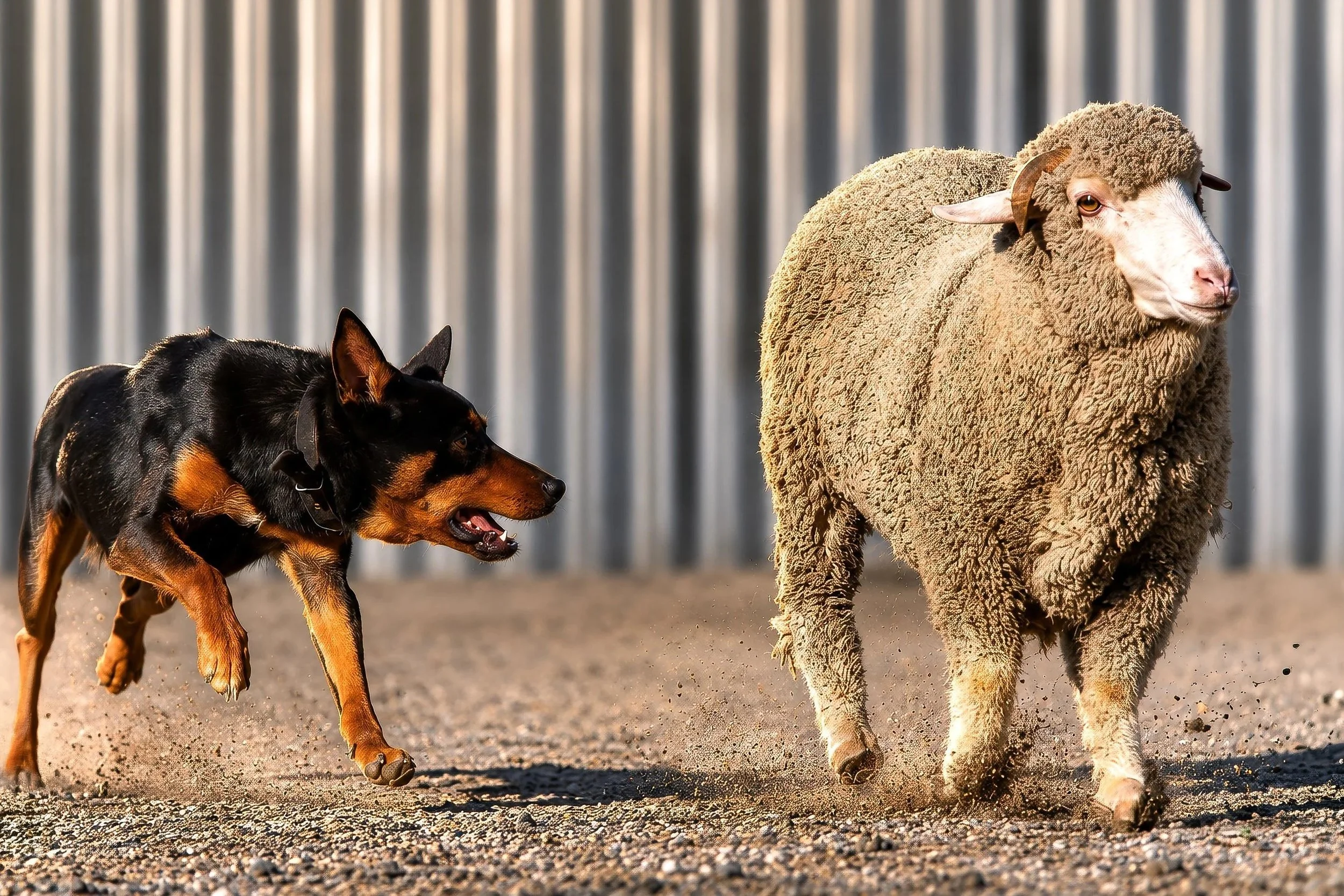 A calm Australian Working Kelpie balances a Merino wether with quiet confidence.