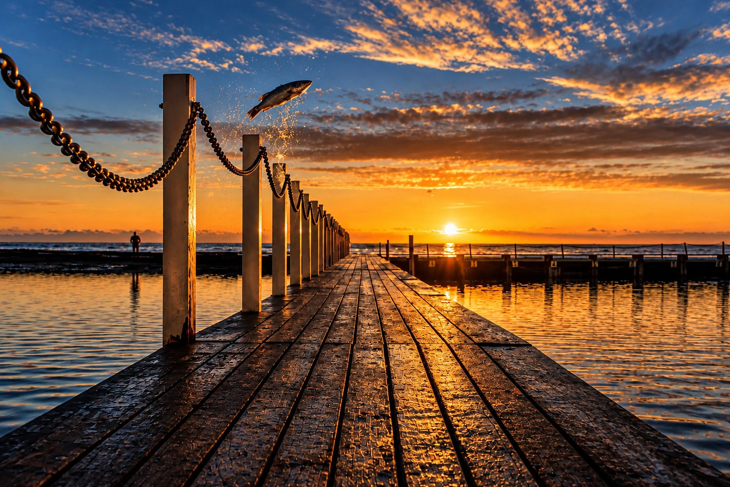 A perfectly timed photograph of a salmon leaping above an ocean pool jetty as the rising sun illuminates the sky.