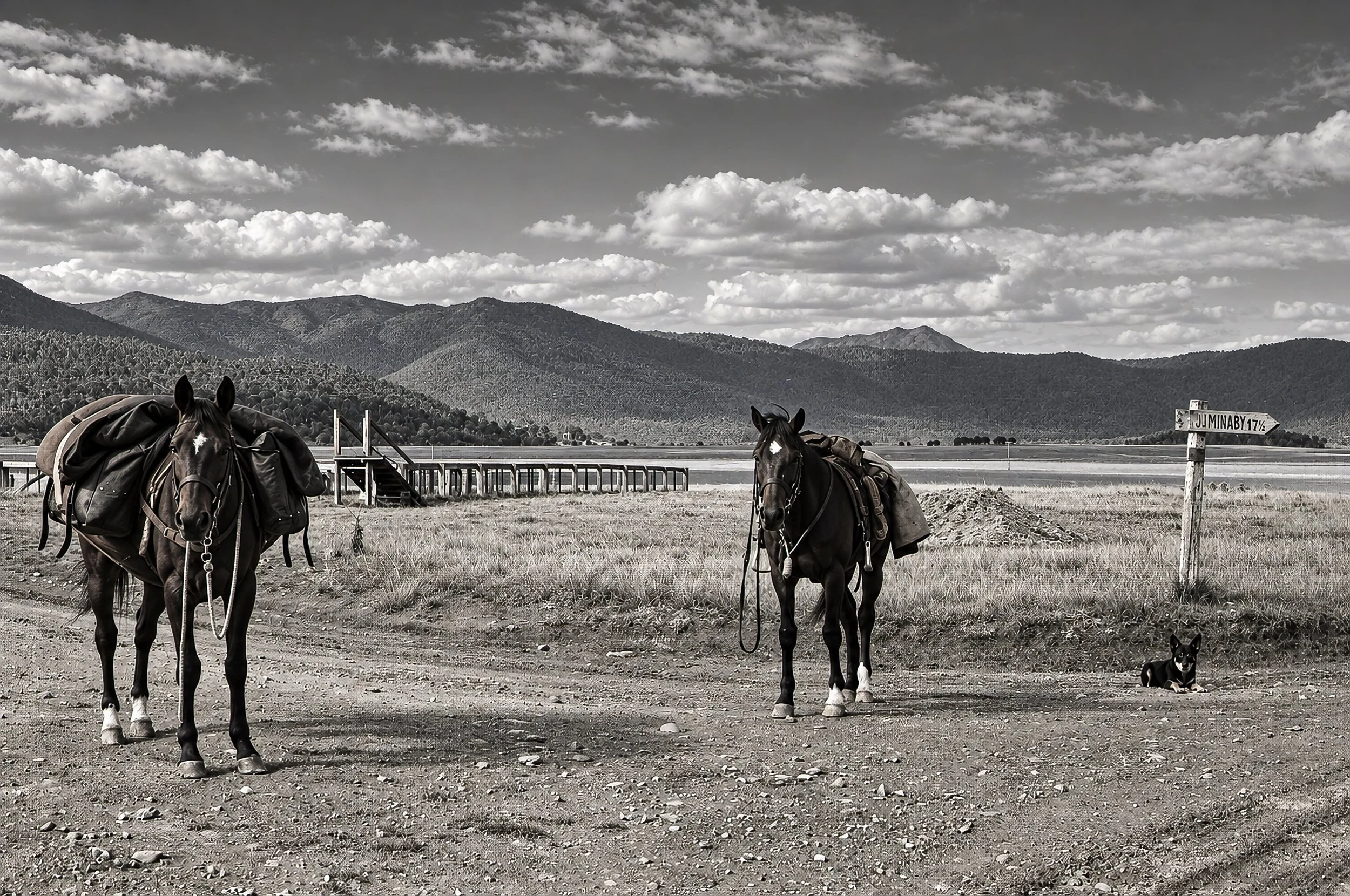 High Country Crossing - Two packhorses stand beside the road in open mountain country, with the dramatic ridges of the High Country stretching across the background. A small Kelpie waits nearby as the journey continues through the rugged landscape.