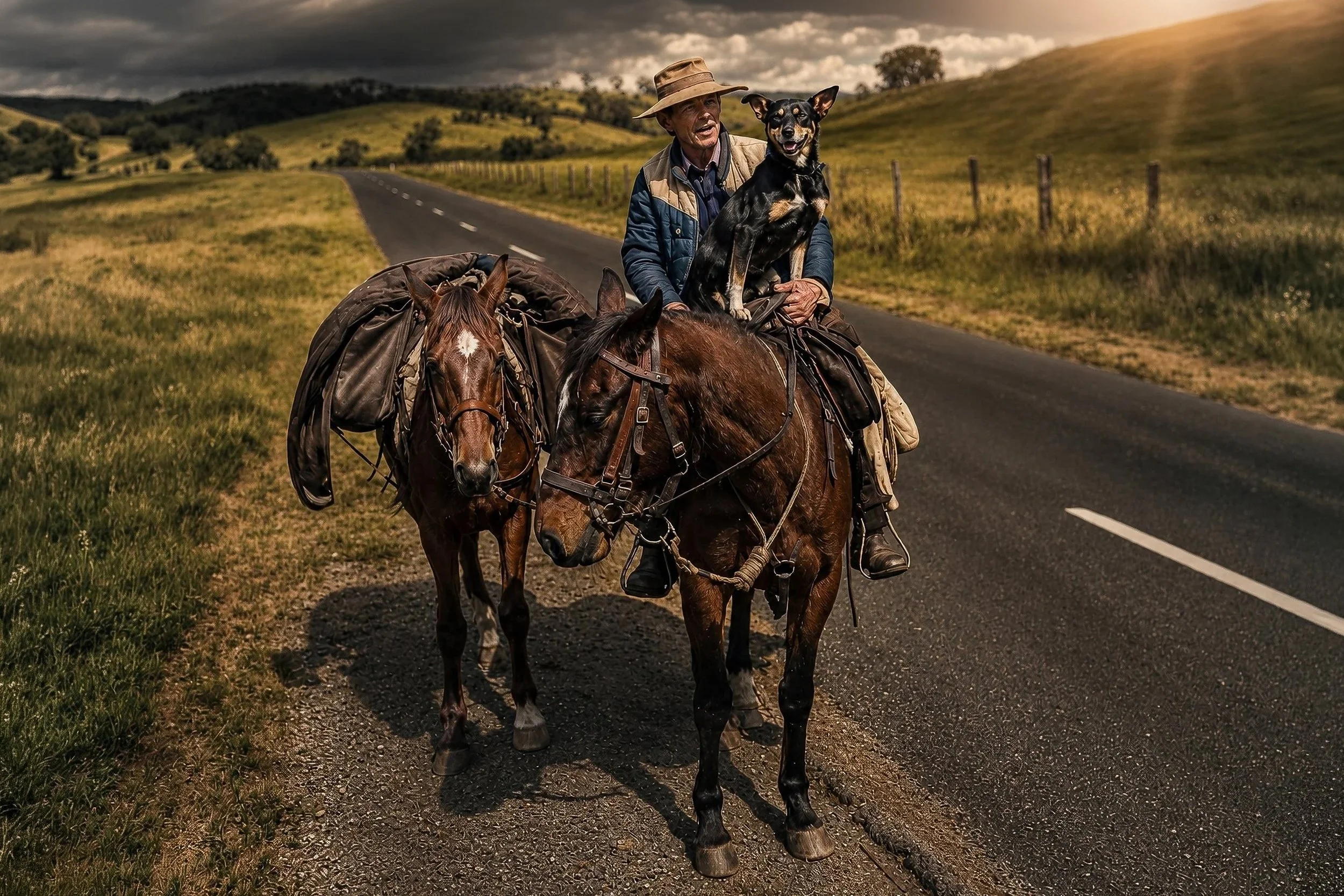 David Lindsay riding with his working dog Mick near Bathurst, NSW, during the 1985 horseback journey from Melbourne to Sydney.
