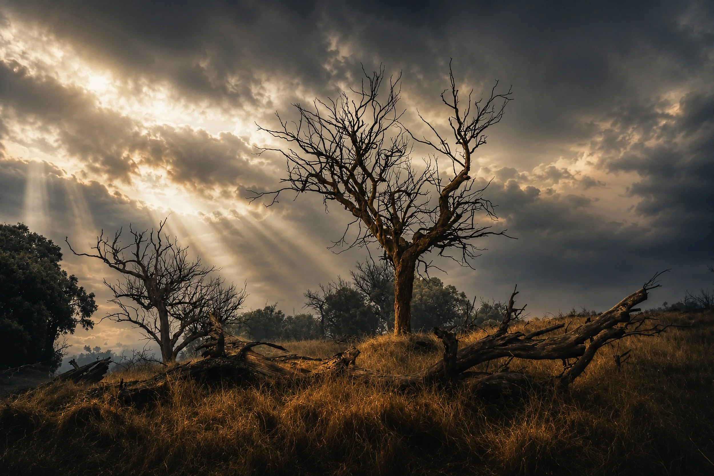 Powerful sunbeams break through storm clouds, illuminating a lone dead tree in the Australian bush.
