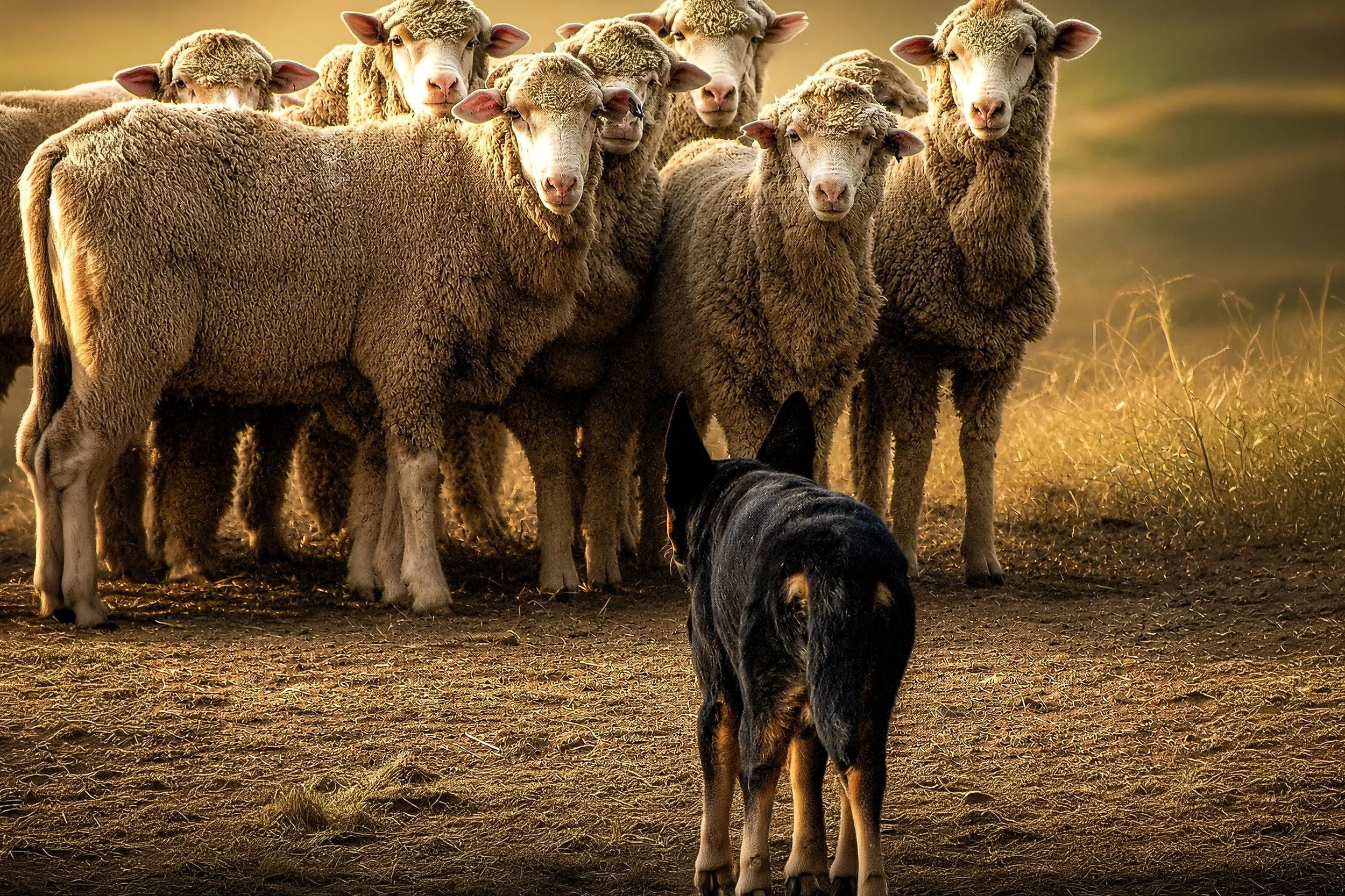 A mob of Merino wethers watches attentively while a Working Kelpie waits in the foreground.