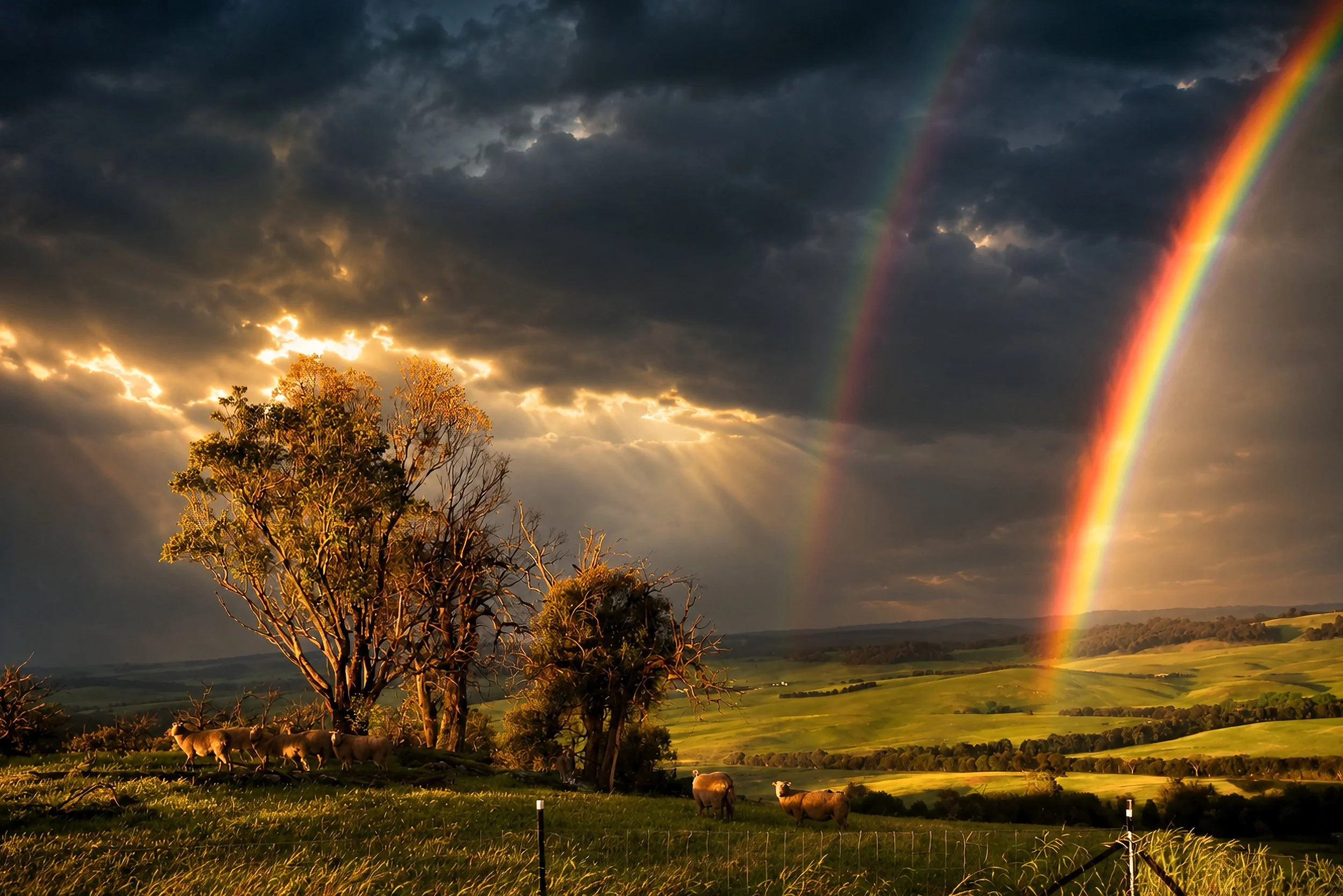 A vivid double rainbow arcs across rolling countryside as sunlight breaks through storm clouds.
