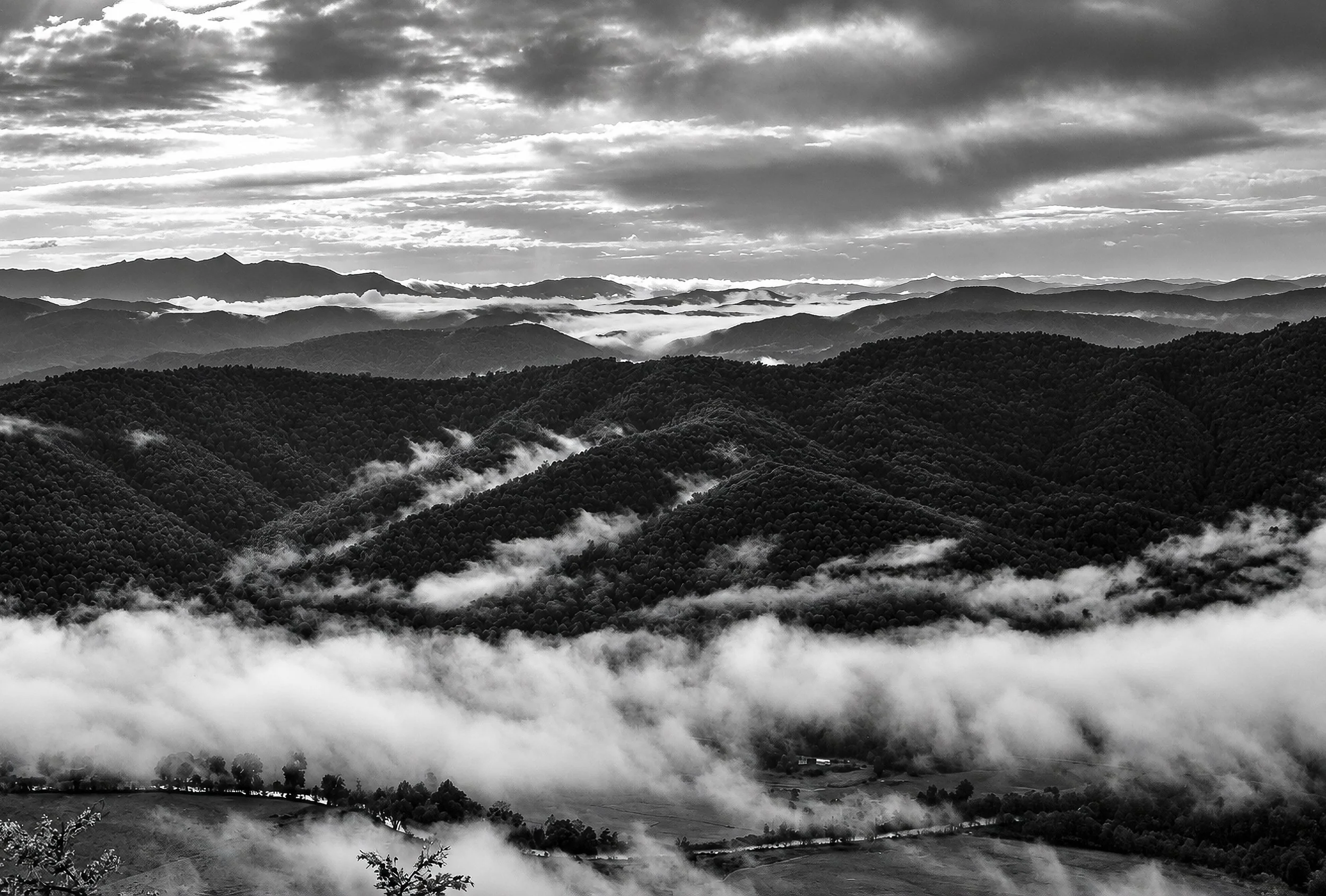 The Mountains Emerging - A vast sweep of forested mountains rises above a valley filled with cloud. The distant ridges gradually dissolve into the atmosphere, while the darker foreground gives the photograph a strong sense of depth and scale.