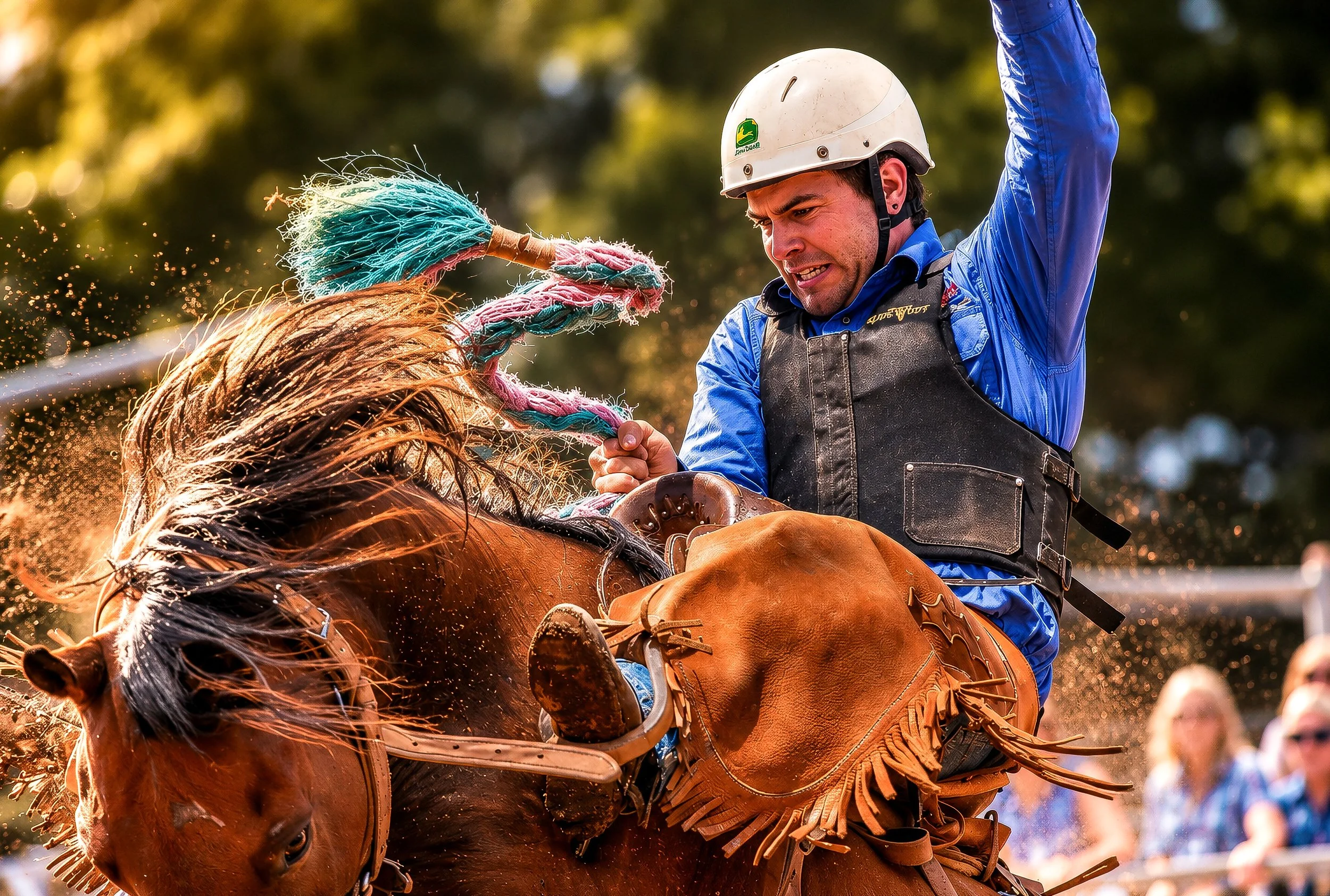 A man wearing a helmet and blue shirt rides a bucking horse during a rodeo, holding onto a braided rope with one hand, with a backdrop of green trees and spectators.
