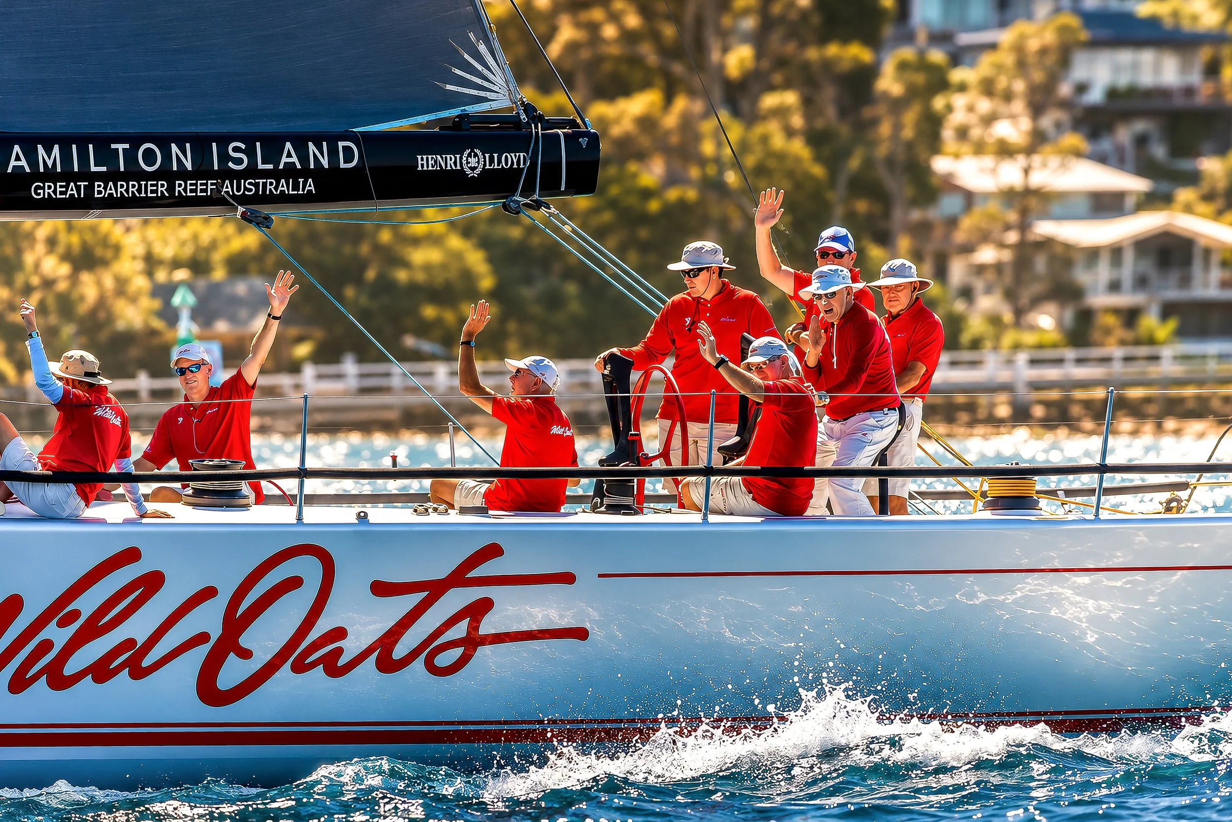 A crew of sailors wearing red shirts and hats on a racing sailboat with Coca-Cola branding, waving and celebrating, with a background of trees and residential houses.