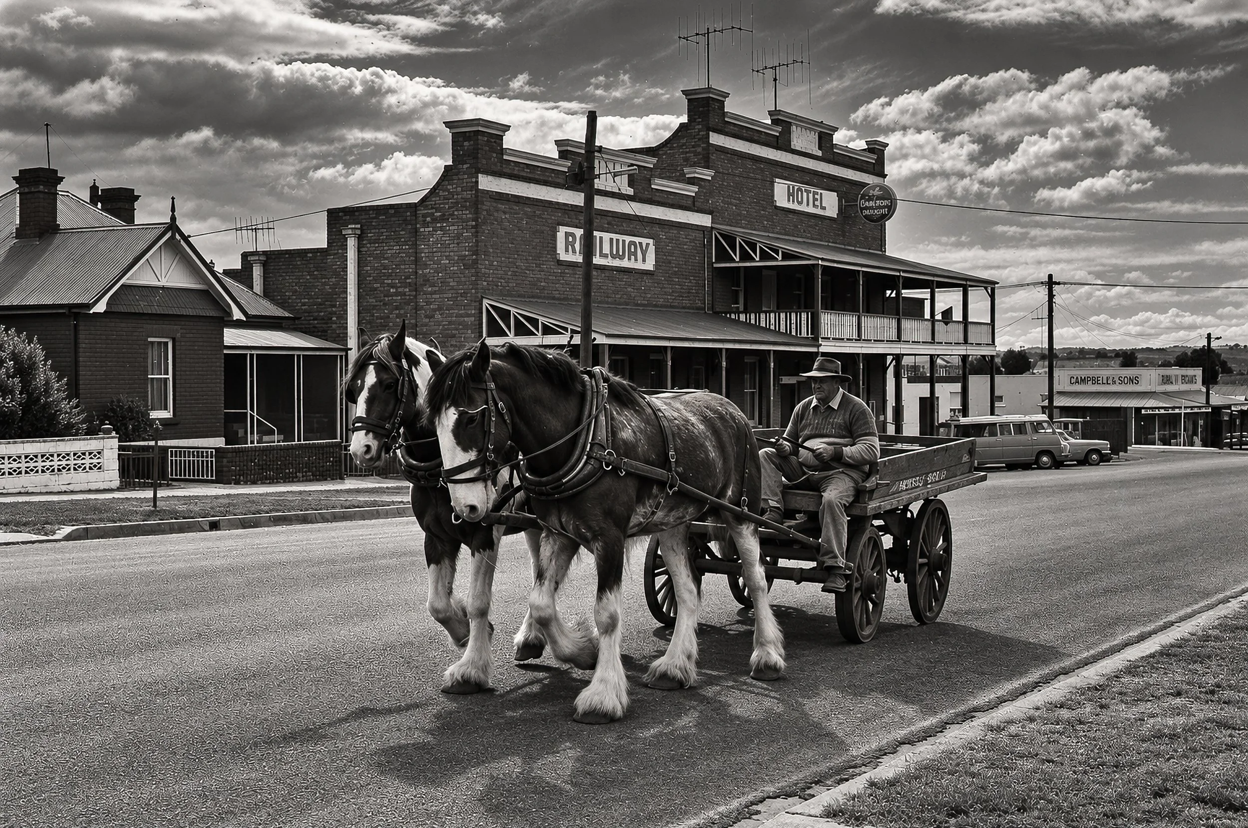 A Horse and Dray in the Country Town - A team of horses pulls a traditional dray along the main street of an Australian country town. The scene captures a passing moment of rural life in the mid-1980s, when horses and horse-drawn transport still form