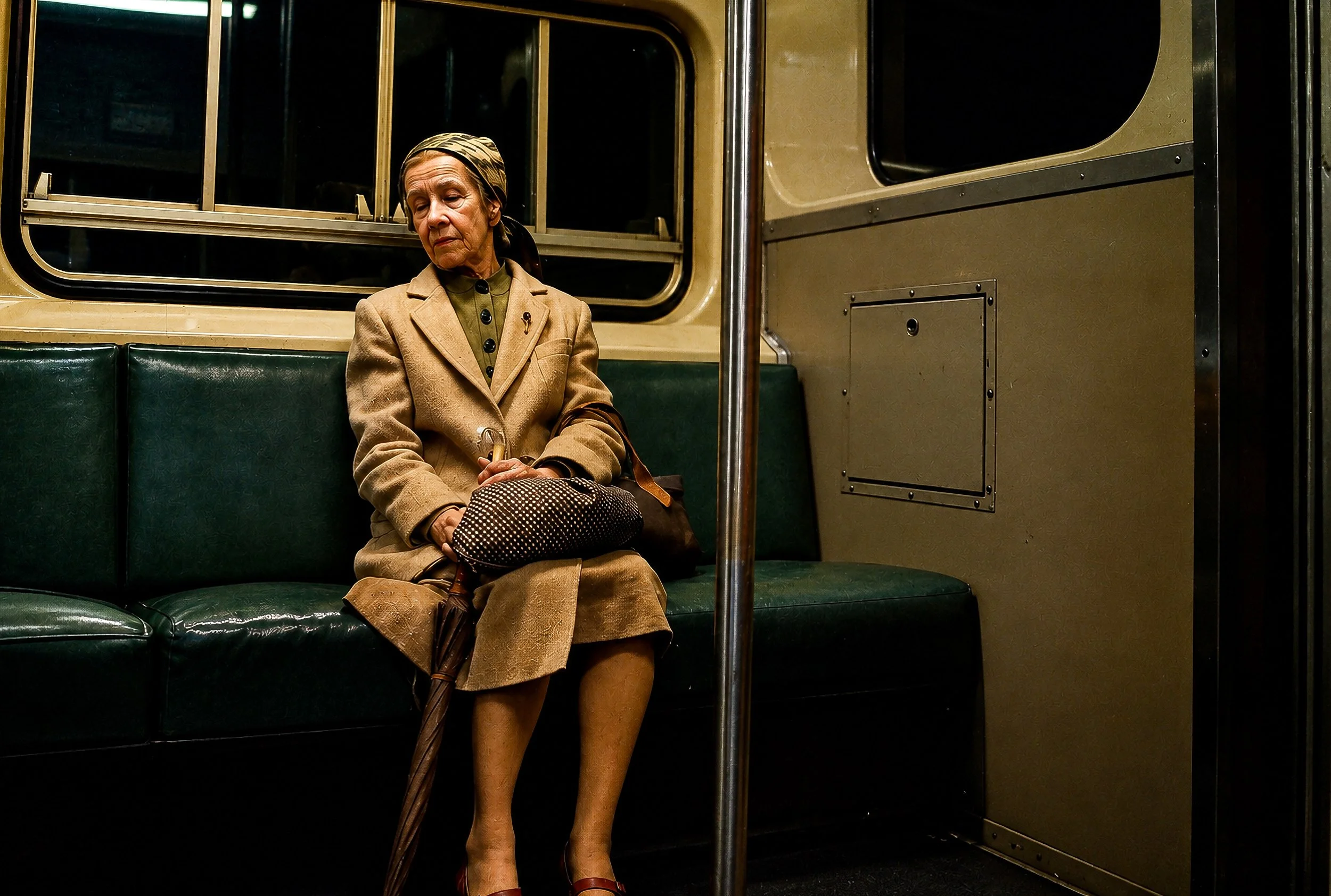 An elderly woman sitting alone on a green leather seat in a subway train, dressed in vintage clothing, with an umbrella resting on her lap, appearing deep in thought.