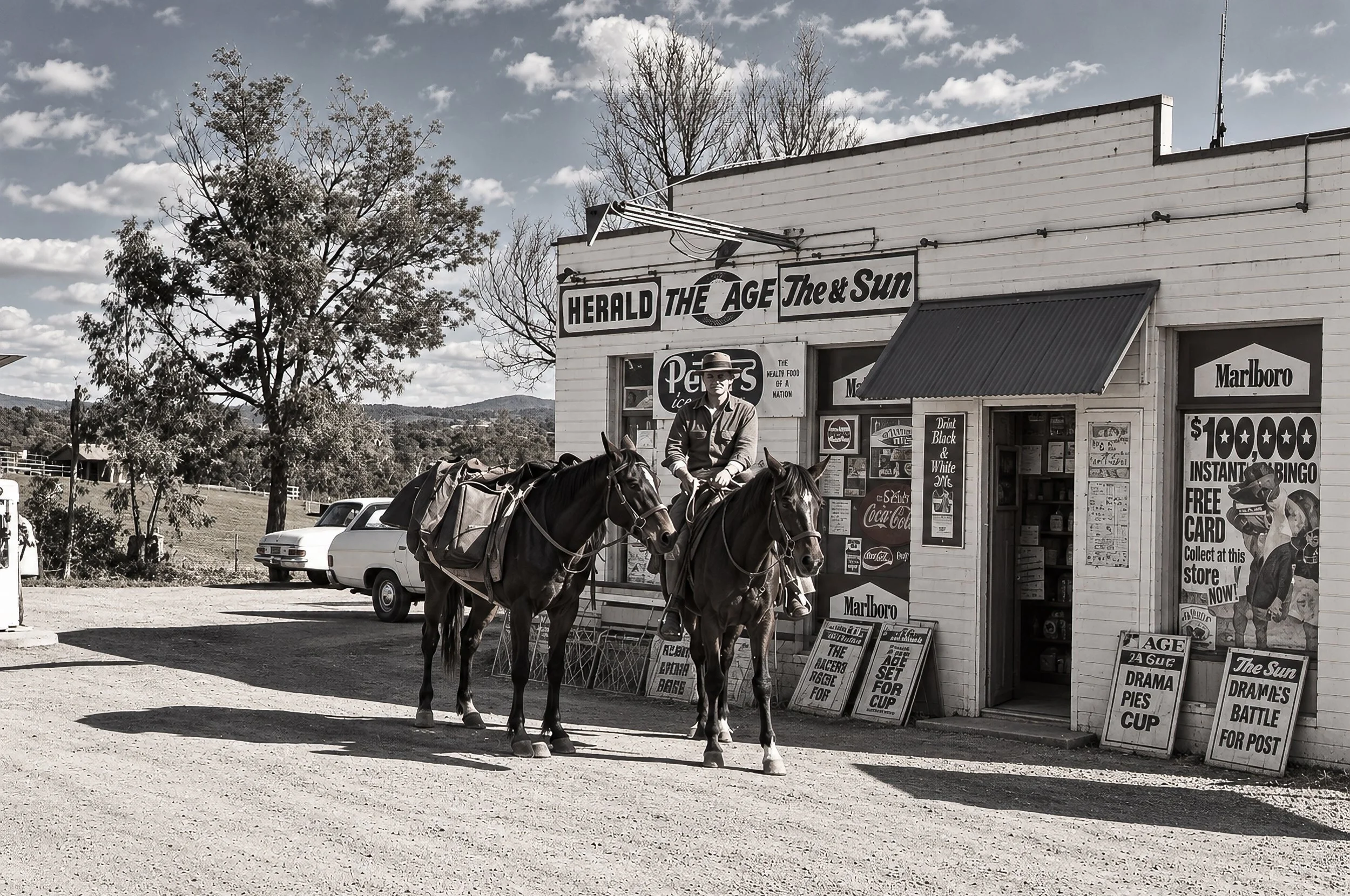 Stopping at the Country Newsagent - Two saddled horses wait outside a country newsagent while the riders pause during their journey. Newspapers, advertisements and shop signs provide an intimate glimpse of everyday country life in Australia during th