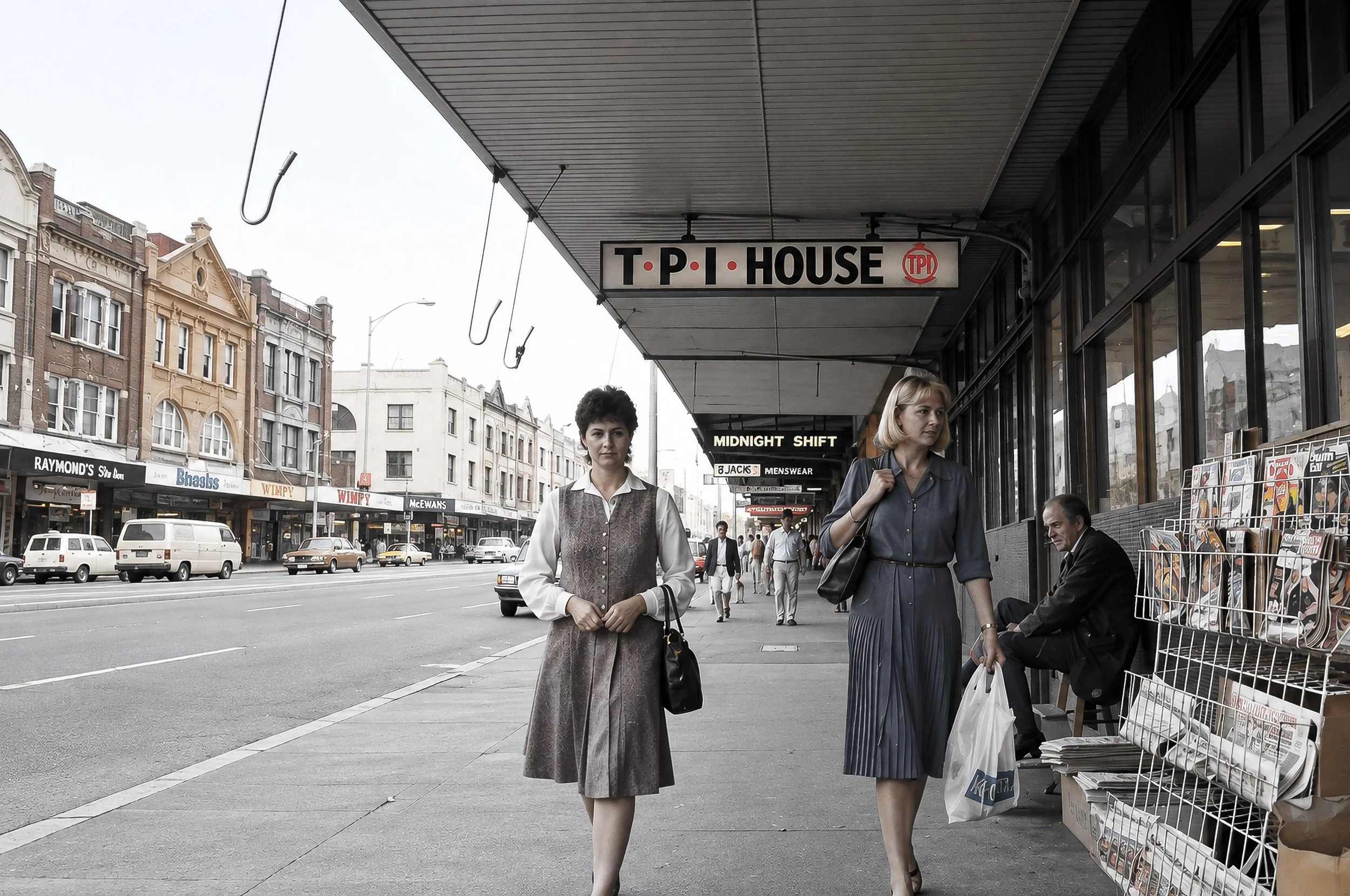 Women Walking Beneath the Awning -Two women walk along a Sydney shopping street beneath a covered awning, while pedestrians and shopfronts extend into the distance. The photograph captures the rhythm of everyday city life.