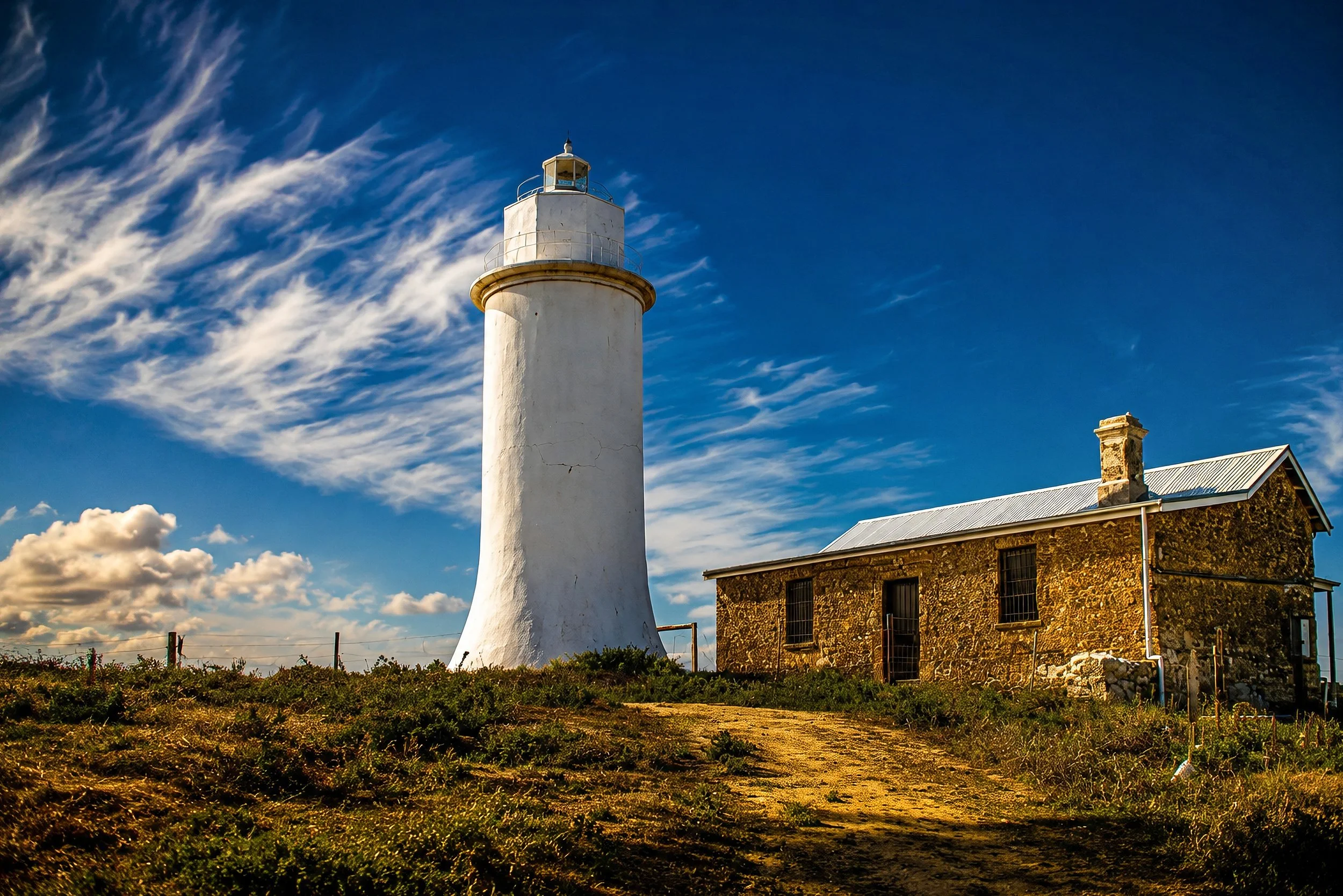 A historic stone lighthouse stands beneath sweeping white clouds and deep blue skies.
