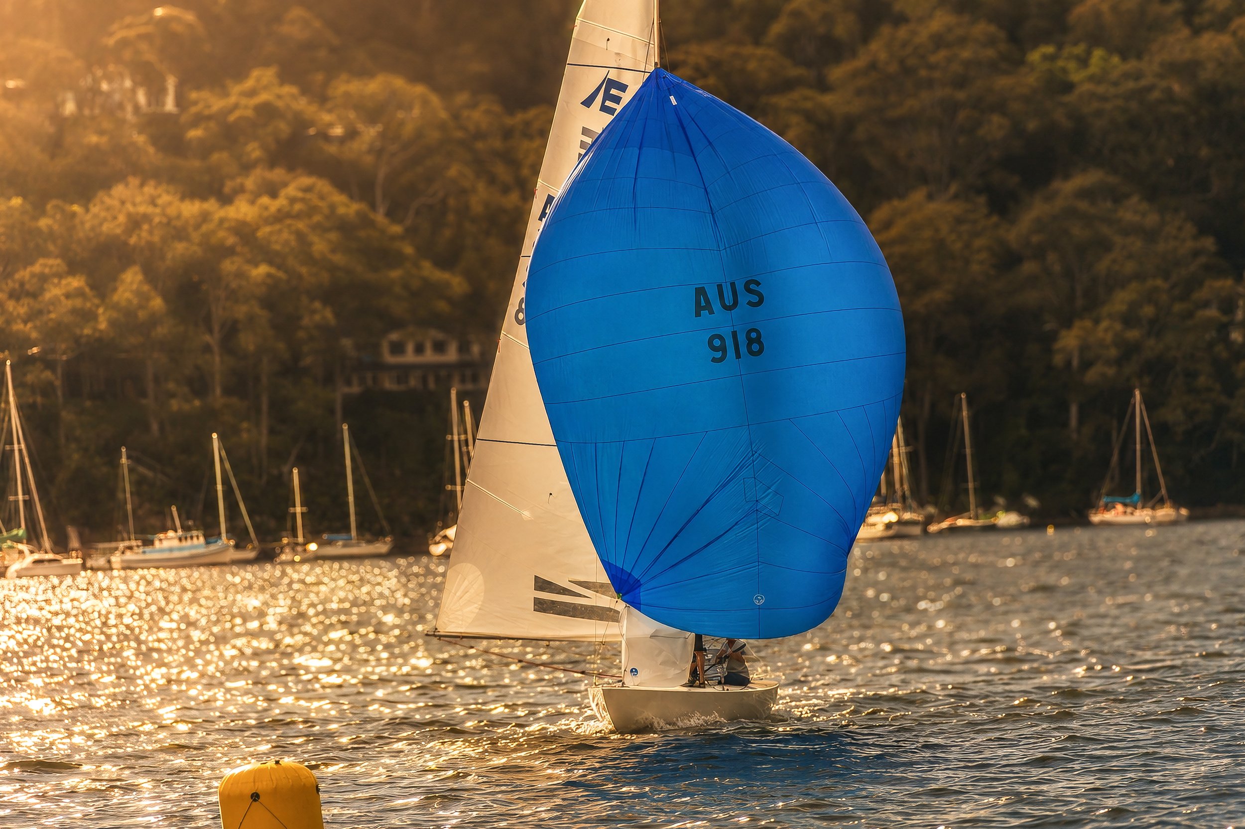 A sailboat on a lake with a blue spinnaker sail and a white sail, both with identification numbers, sailing near yellow buoys during sunset, with a forested shoreline in the background.