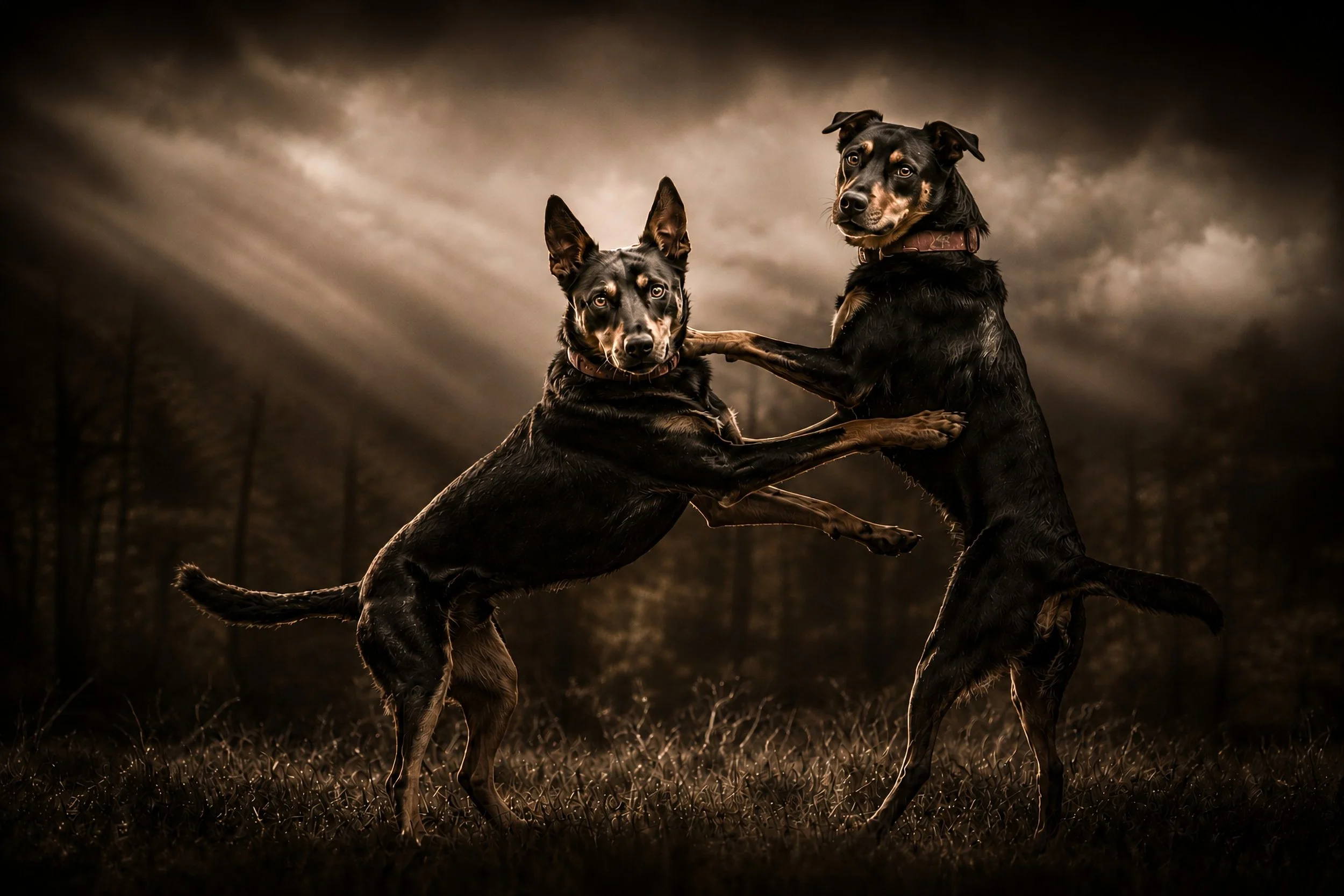 Two Australian working dogs captured in a moment of playful interaction. Set against a dramatic rural landscape, the dogs rear up together as shafts of evening light break through the clouds, creating a powerful and cinematic portrait of energy, comp