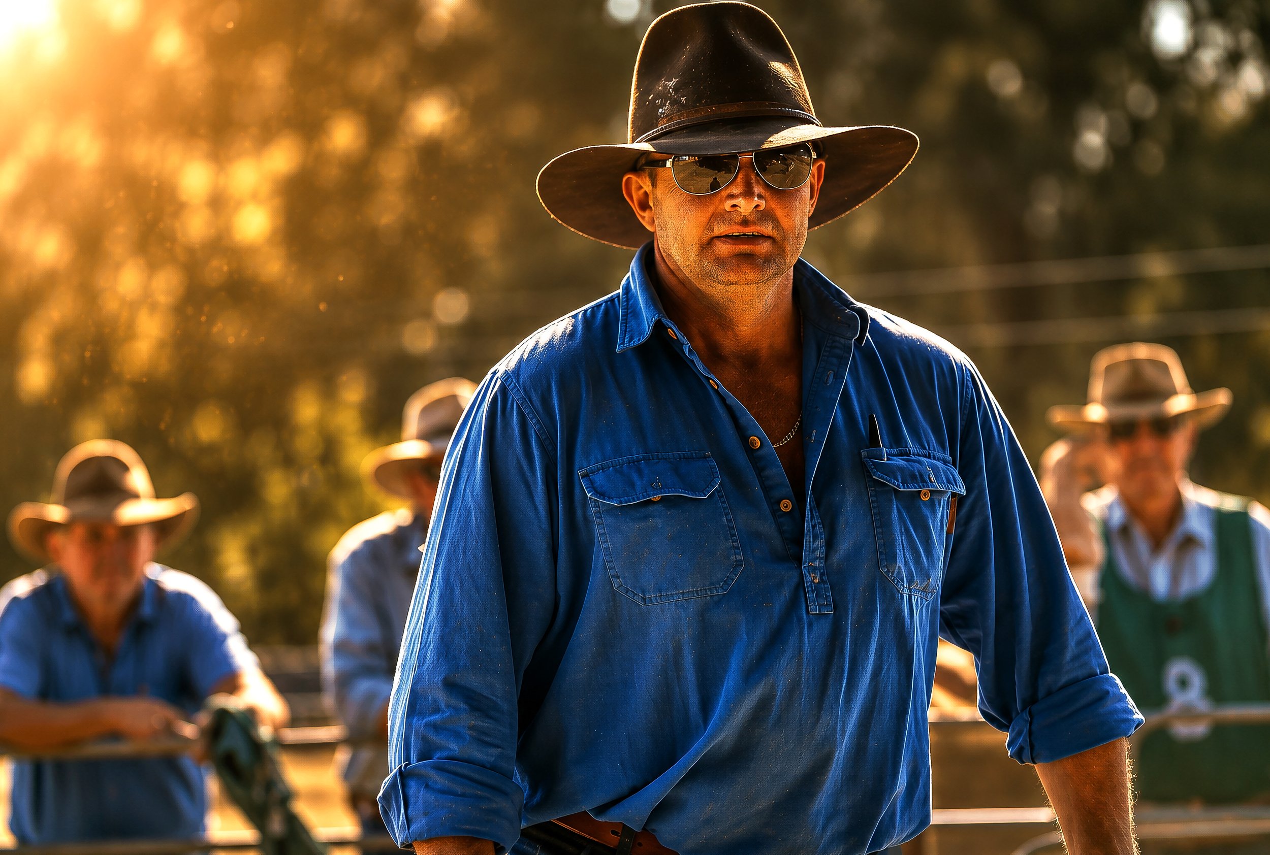A man wearing sunglasses, a wide-brimmed hat, and a blue shirt standing outdoors during sunset. Behind him, several other people are wearing similar attire, and they appear to be in a group activity.