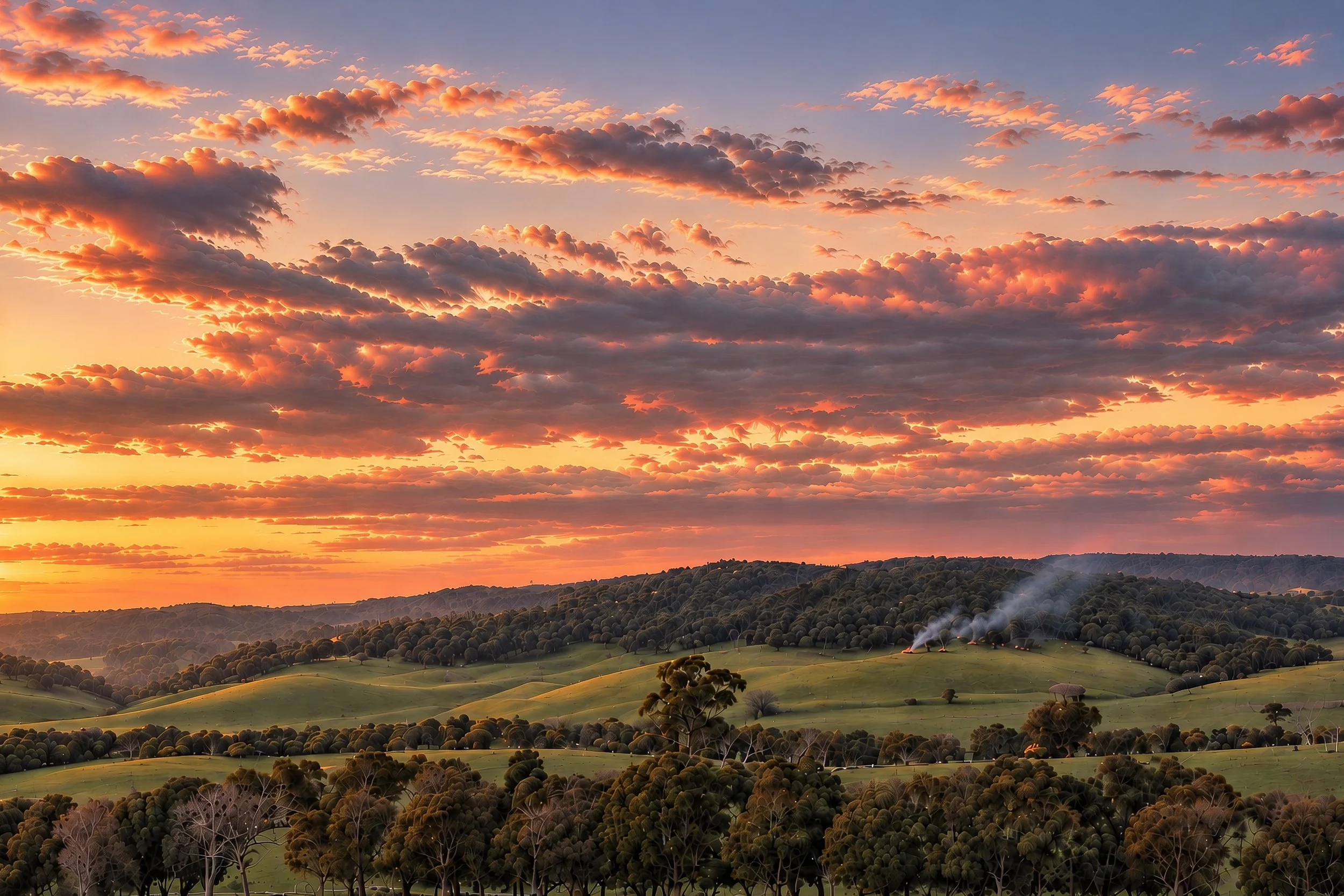 Evening light sweeps across the rolling hills north of Laggan–Taralga Road, illuminating the pasture and eucalyptus woodland beneath a sky of coral, salmon and soft gold. Looking east, layers of distant ridges create a quiet sense of depth as the las