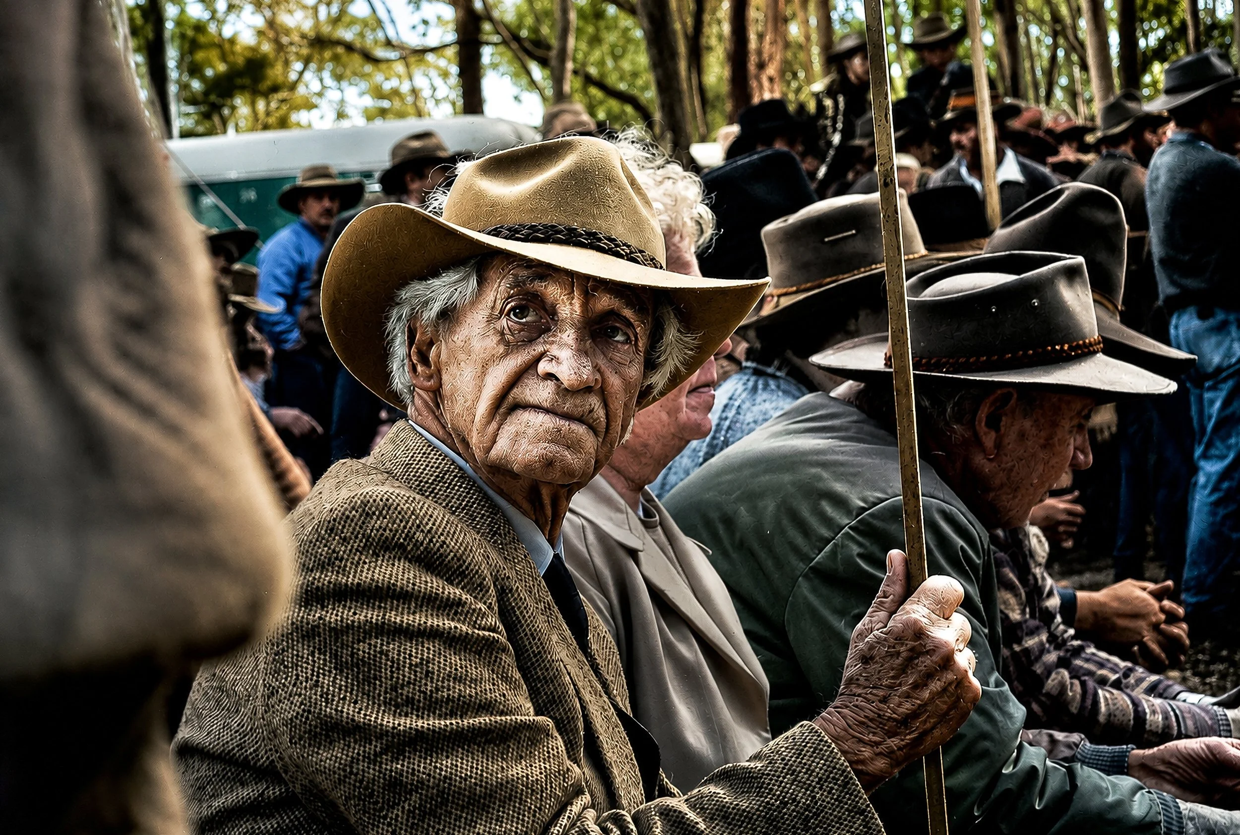 An elderly man wearing a cowboy hat and a checkered blazer sitting among a crowd of people, many of whom are also wearing hats, outdoors in a wooded area.