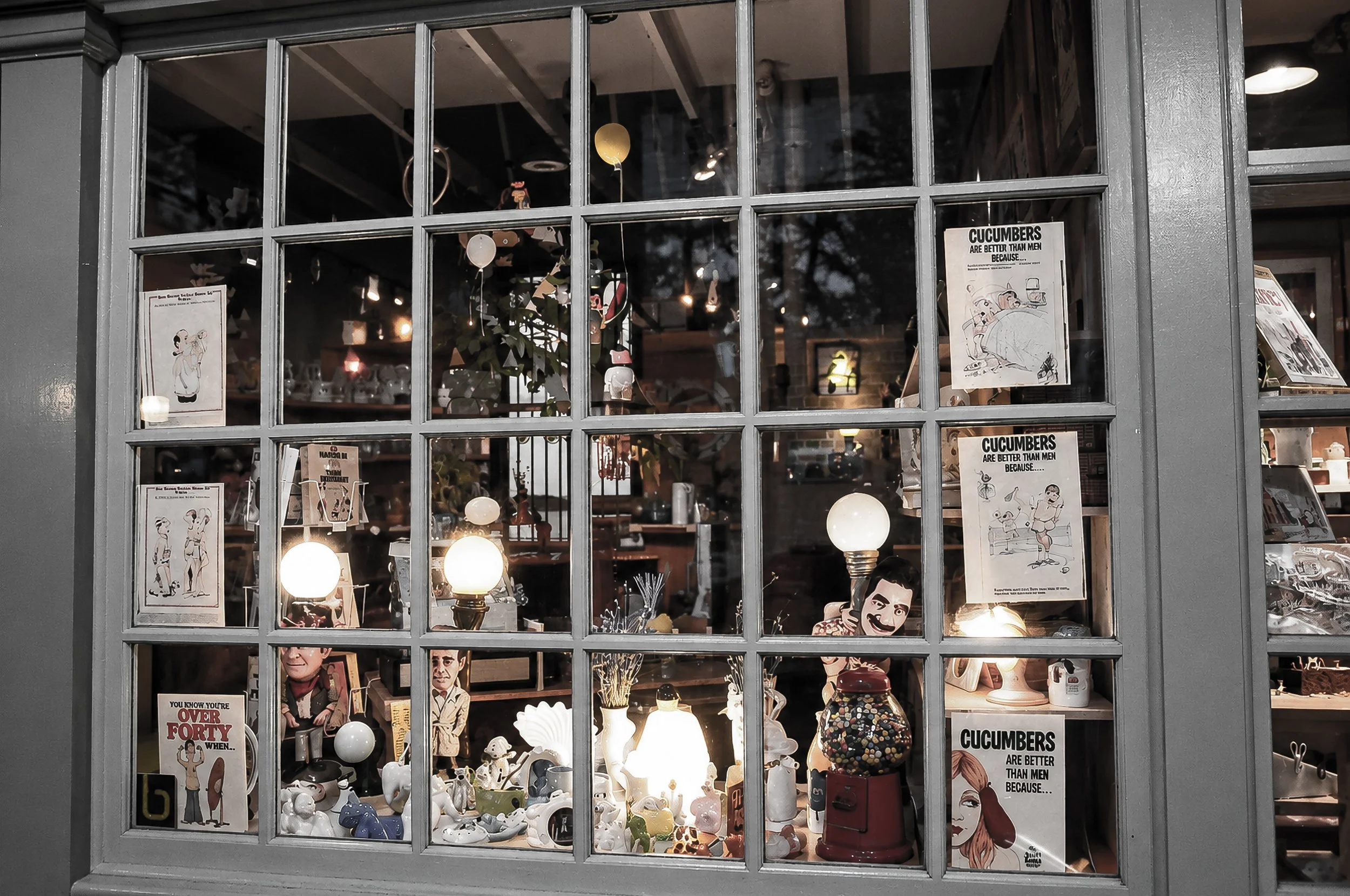 Sydney Shop Window - A traditional multi-paned shop window frames an intricate display of objects, lights and printed signs. The photograph explores the relationship between merchandise, architecture, glass and reflection.