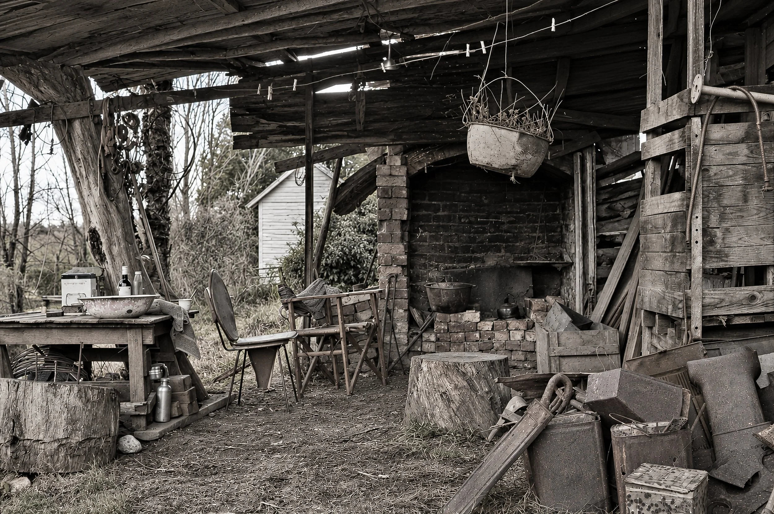 The Old Bush Workshop - An old timber shelter filled with tools, equipment and everyday objects offers a glimpse into an earlier rural way of life. Weathered timber, rough workmanship and the open fireplace give the scene an unmistakably Australian b