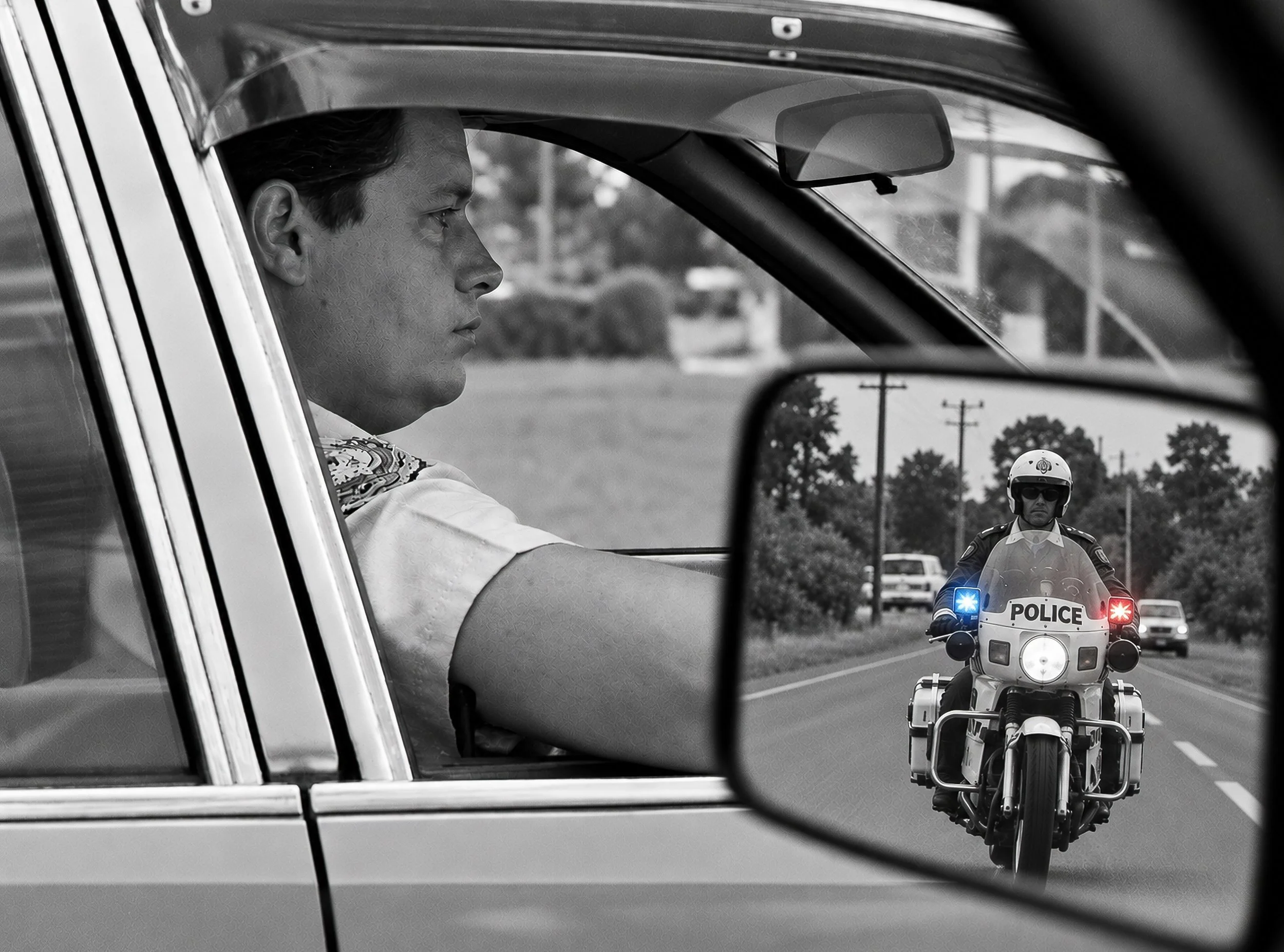 A Glance in the Wing Mirror - A policemen driver is seen through the side window while the wing mirror adds another layer to the composition, revealing the police behind. The overlapping viewpoints create a particularly cinematic glimpse of Sydney st