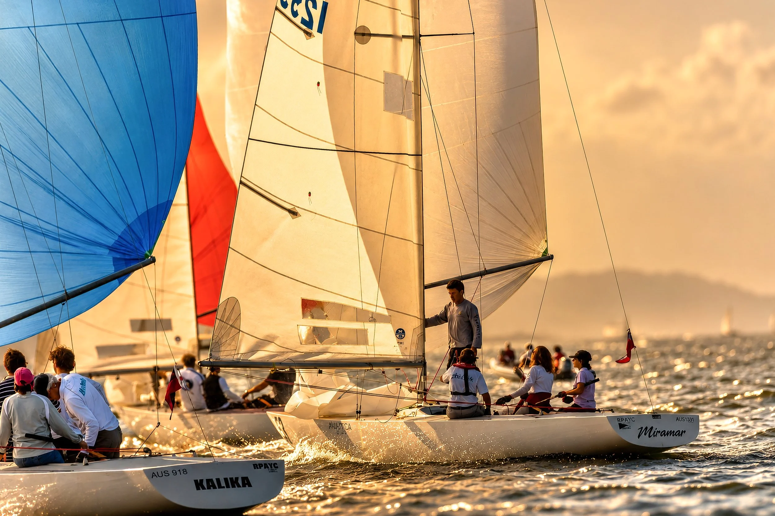 People participating in a sailing race during sunset, with multiple sailboats on the water and the sky glowing orange.