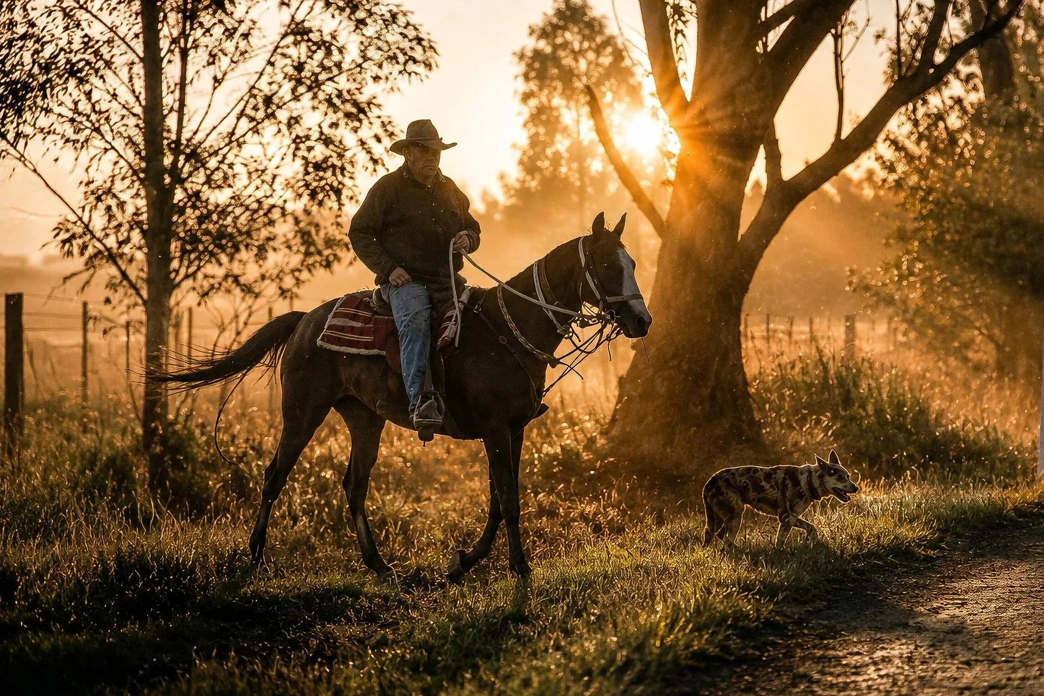 A silhouetted stockman and Australian Working Kelpie at sunrise in warm golden light, capturing the bond between handler and dog.