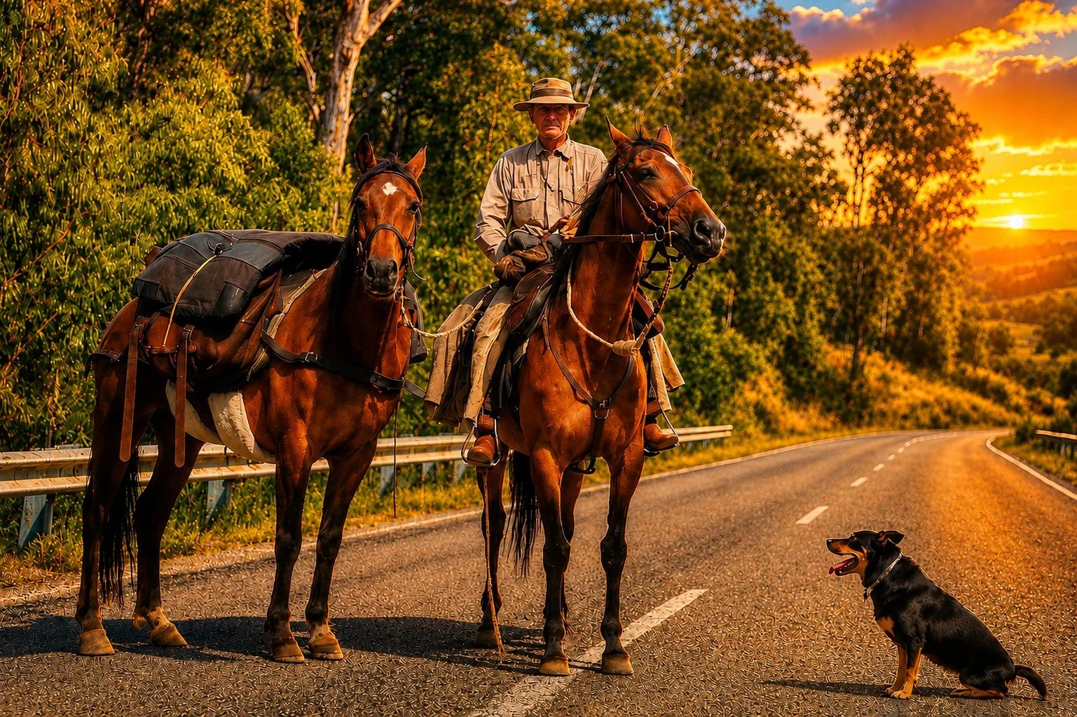 David Lindsay riding with his working dog Mick near Bathurst, NSW, during the 1985 horseback journey from Melbourne to Sydney.