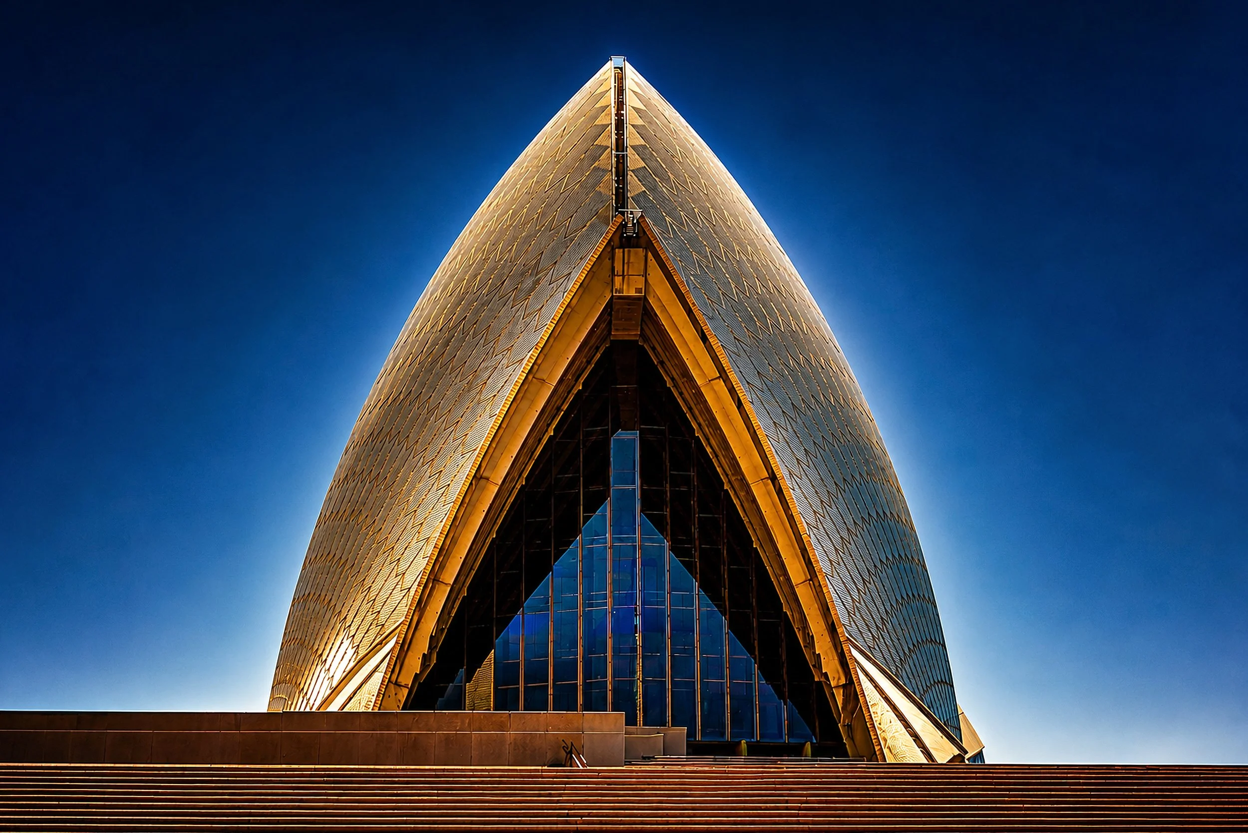 A bold symmetrical composition of the Sydney Opera House highlighting its iconic sails and geometry.
