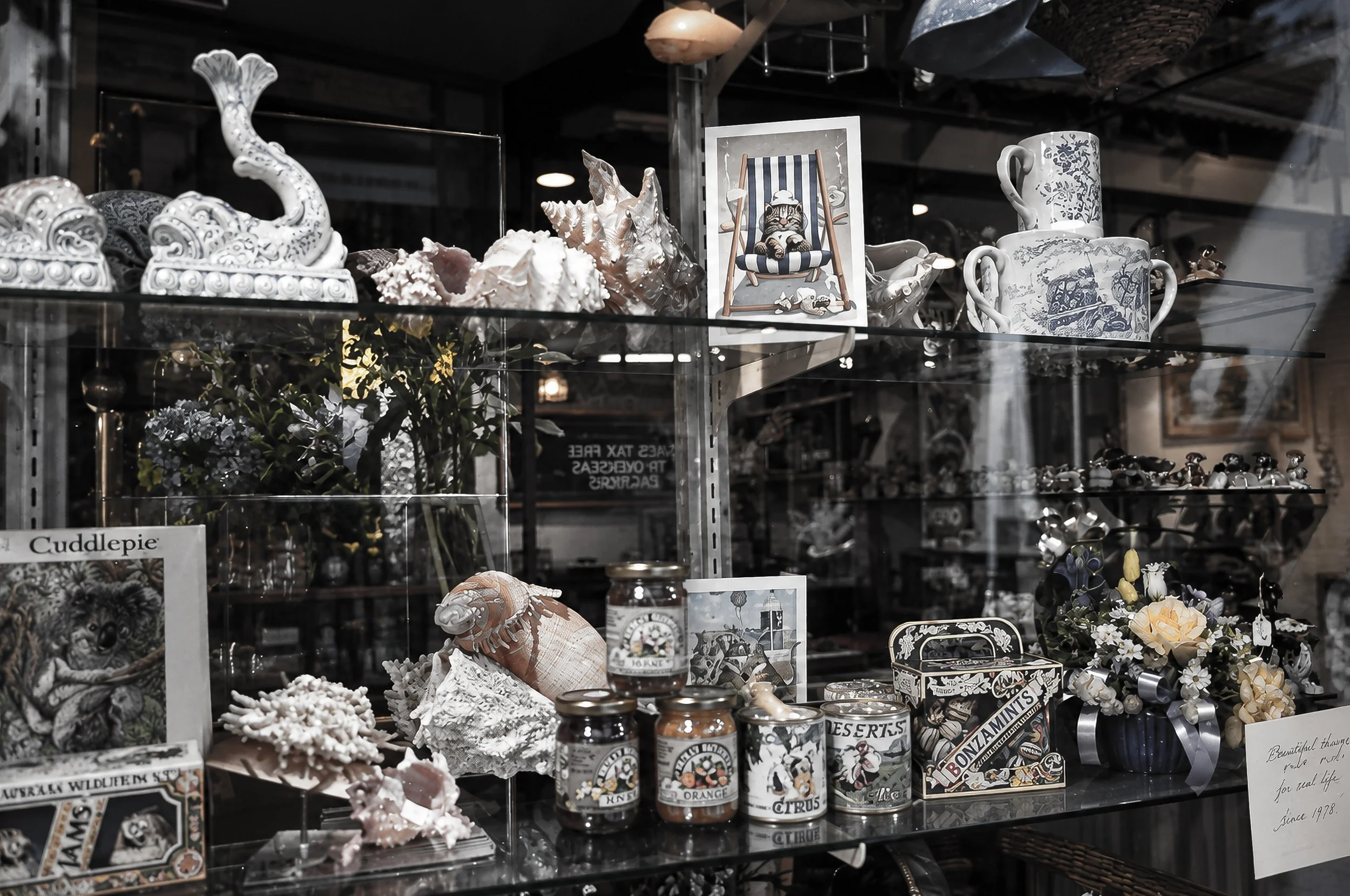 Shop Window Display - A detailed shop window reveals an eclectic collection of objects, ceramics, ornaments and printed material behind the glass. Reflections of the surrounding street add another layer to the photograph.