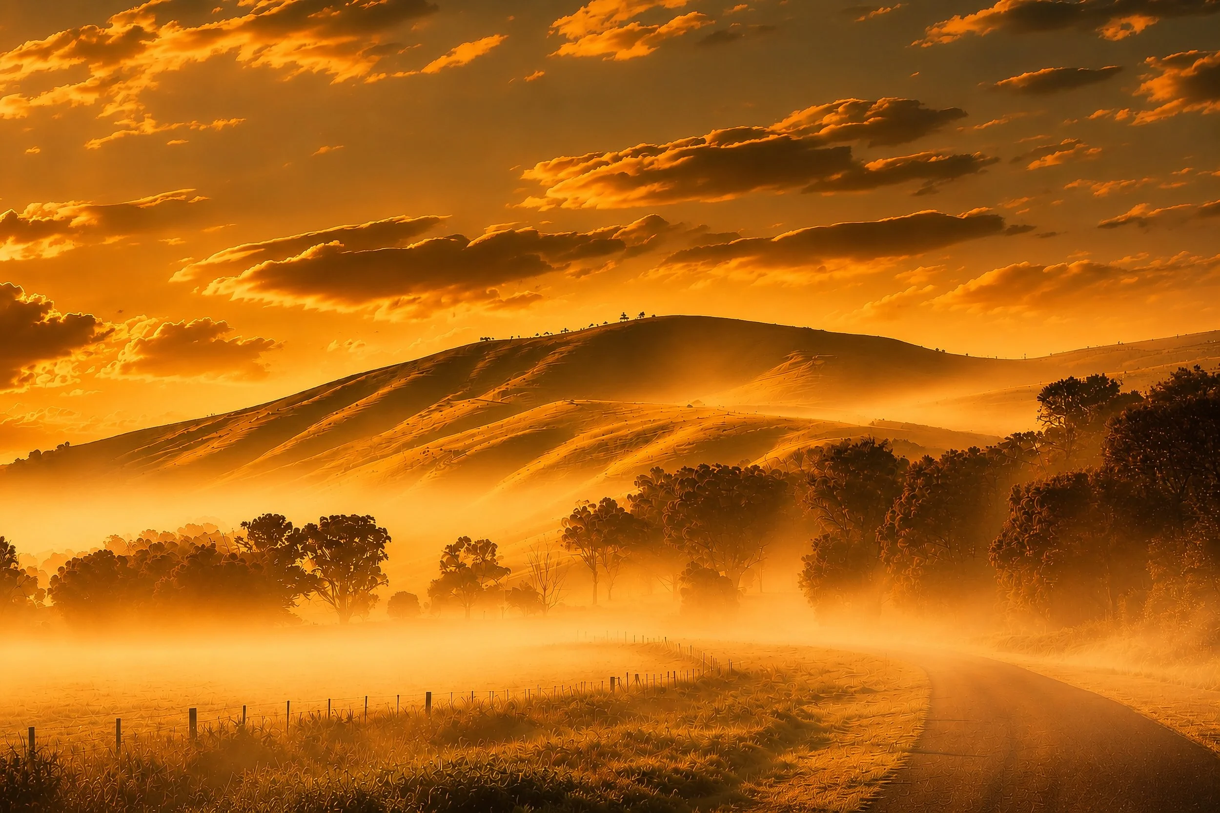 Golden-hour light and drifting mist transform the rolling countryside near Jugiong, NSW. A winding road leads through open pasture towards the sunlit hills, while layers of eucalyptus and atmospheric haze create depth, warmth and a sense of quiet rur