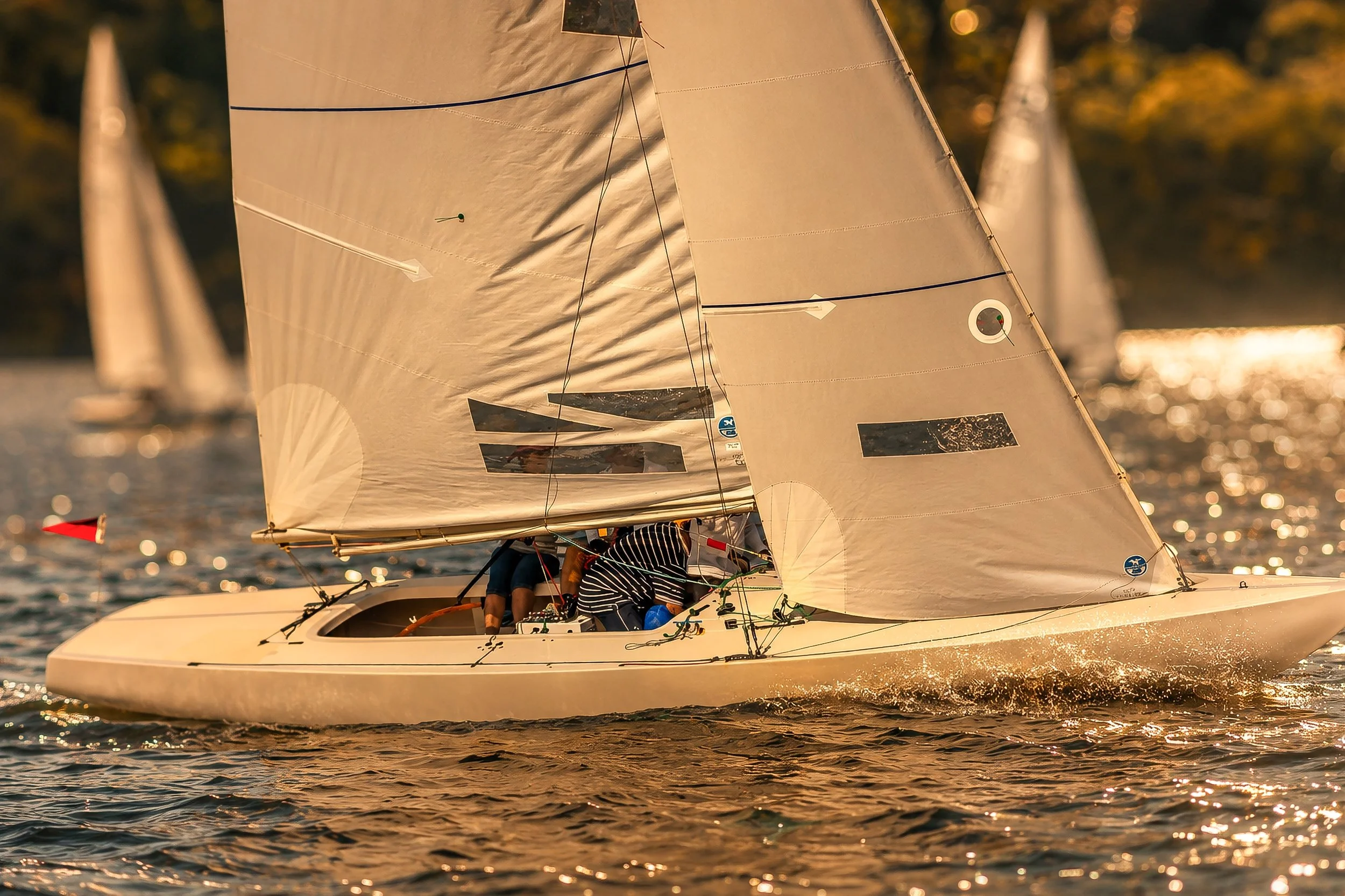 A sailboat with white sails on a body of water during sunset, with trees in the background and reflections on the water surface.