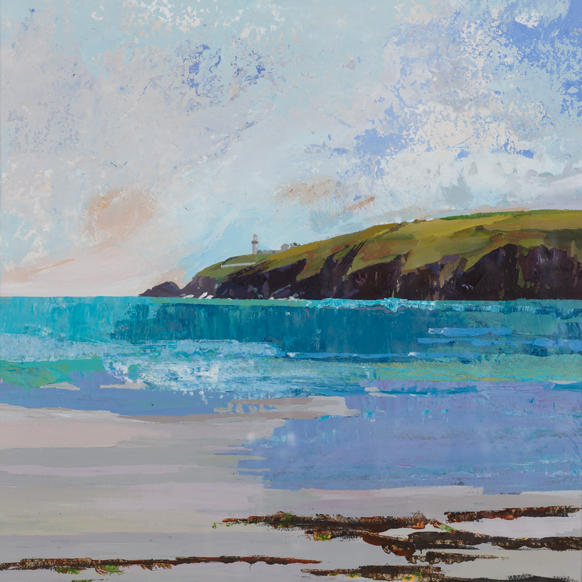 "The Galley Head from The Red Strand" Framed size 55 x 54, Acrylic on watercolour paper.Under Glass. Since shipping costs for originals vary greatly depending on destination, please talk to Geraldine directly if you are interested in a painting at ++353-(0)87-683 1751