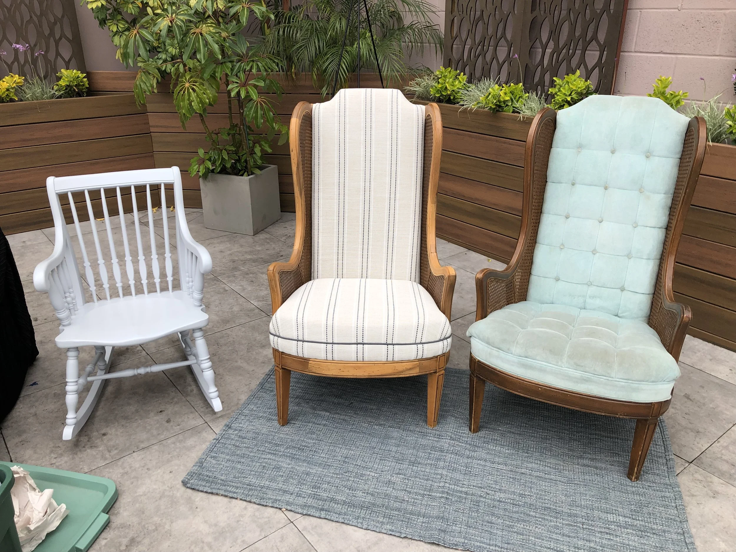 Refurbished Rocking Chair, Caned Wingback Chairs After (Stripes) and Before (blue velvet)