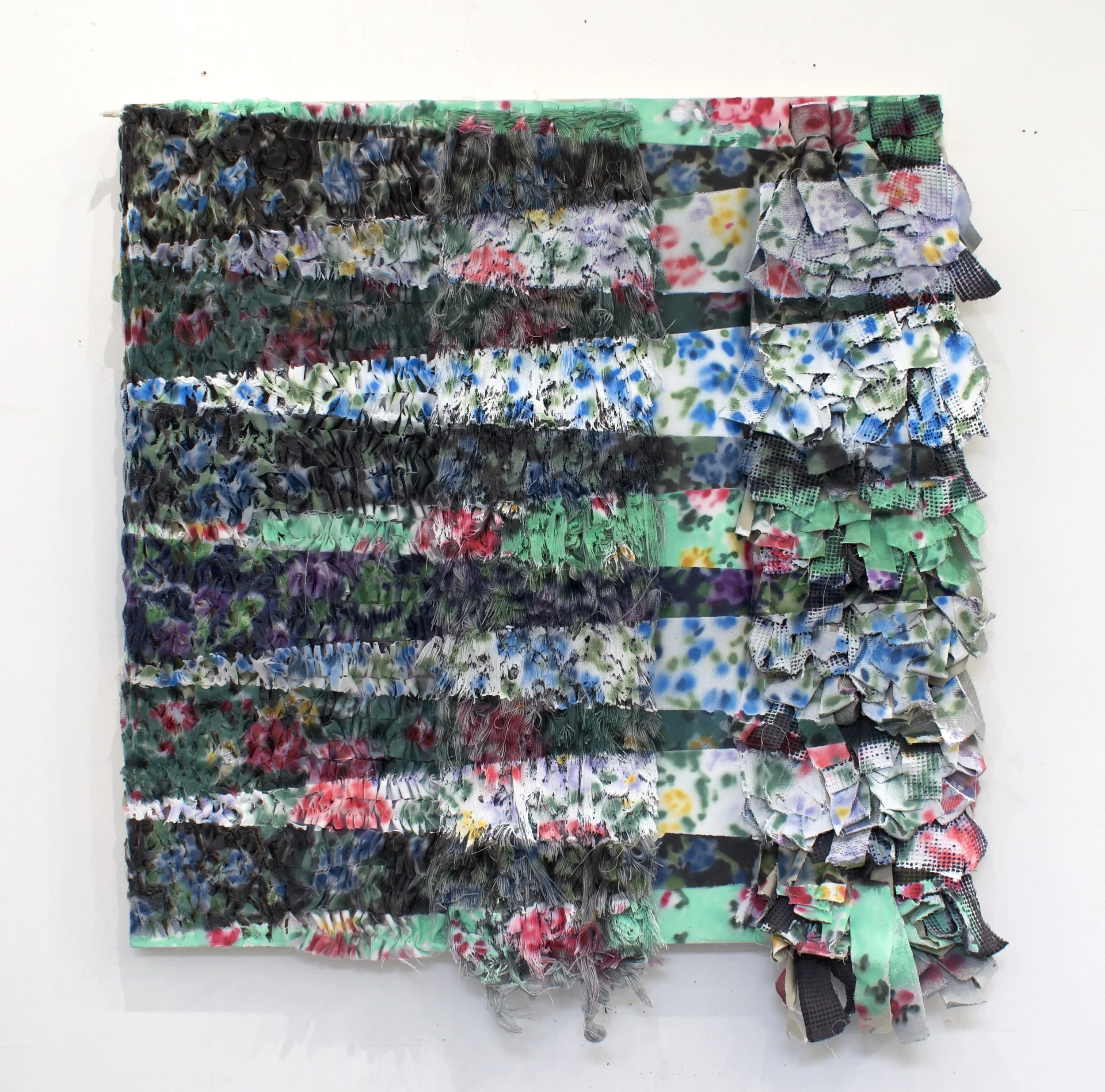 Al Filo, 36"x 39", Acrylic on mixed fabrics, 2025