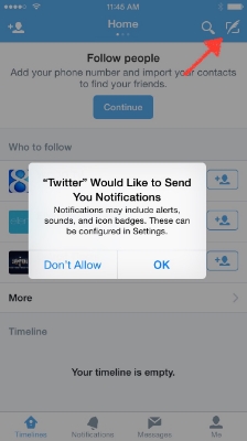 Regarding notifications, decide on your own. After that tap the Feather in the box to Tweet.