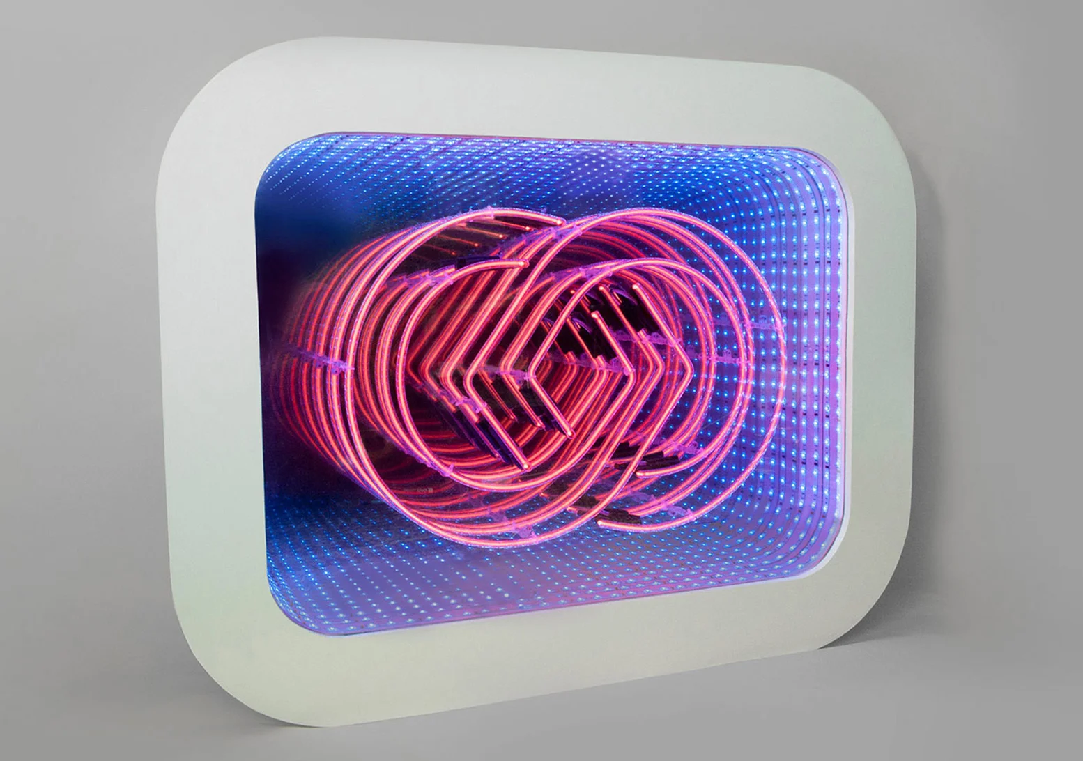 Neon infinity light box (commission) Neon, pine, glass, perspex, mirror film, paint, LEDs | 2014 more info >