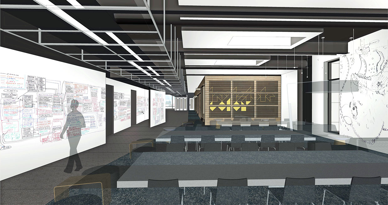 One of my early renderings of the Lounge space--this is before we knew we would have a coffee shop or rainbow LED lights!
