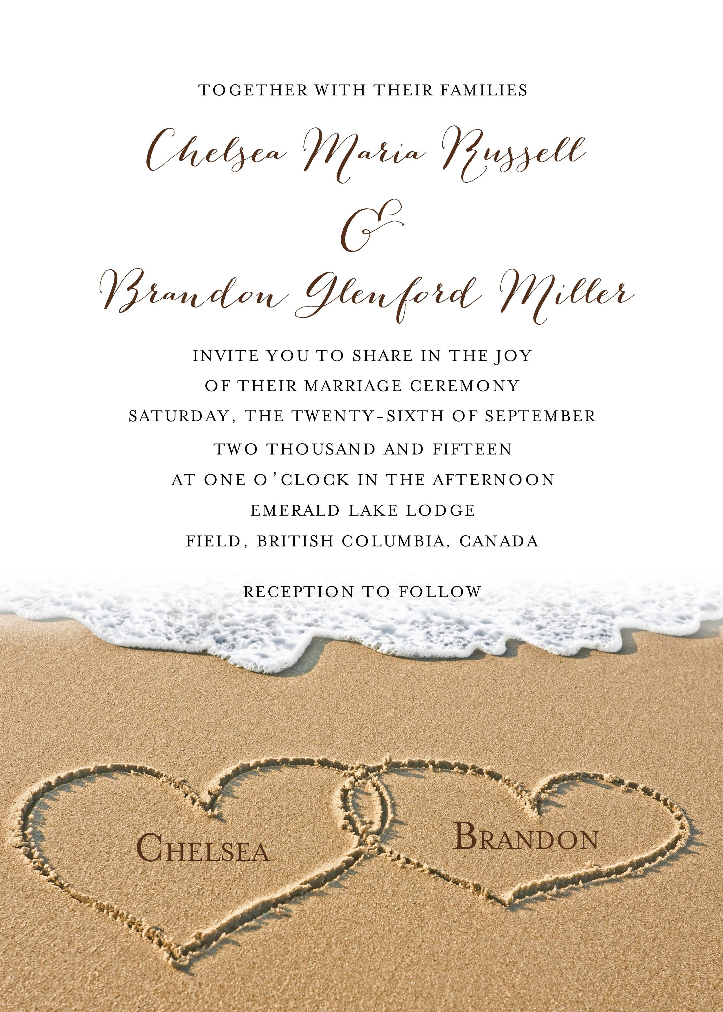 env H0031 Heart in the Sand Beach Wedding Evening Day Reception Invites x 12 