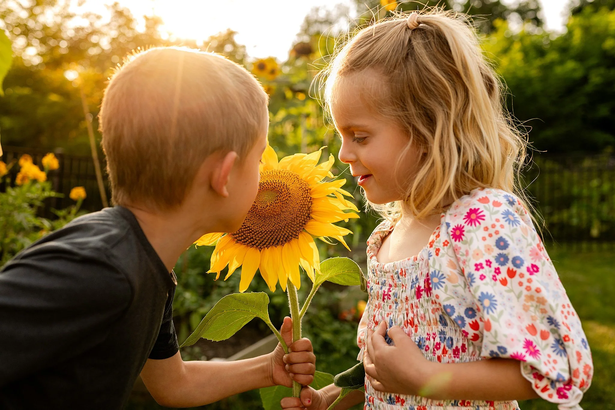 brother and sister smelling a sunflower family photos in your own home garden