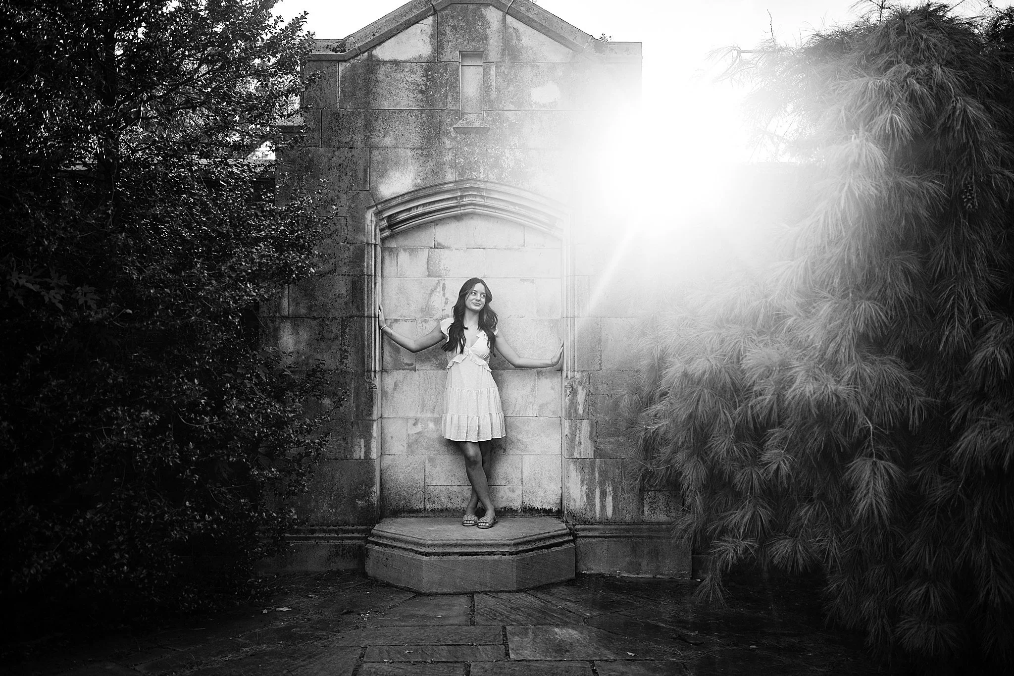 Mellon Park Walled Garden senior girl session black and white film 