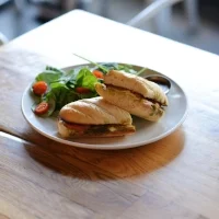 Caprese Sandwich mozzarella, pesto, and roma tomatoes on a toasty baguette